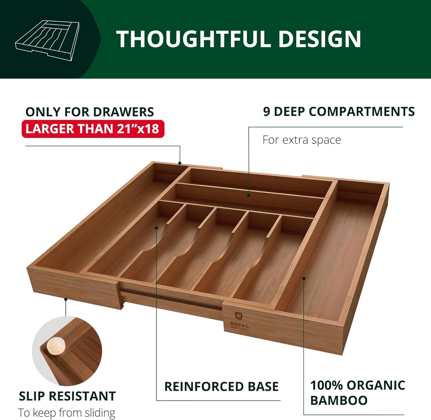 ROYAL CRAFT WOOD Luxury Bamboo Kitchen Drawer Organizer - Silverware Organizer - Utensil Holder and Cutlery Tray with Grooved Drawer Dividers for Flatware and Kitchen Utensils (9 Slot, Brown Bamboo)