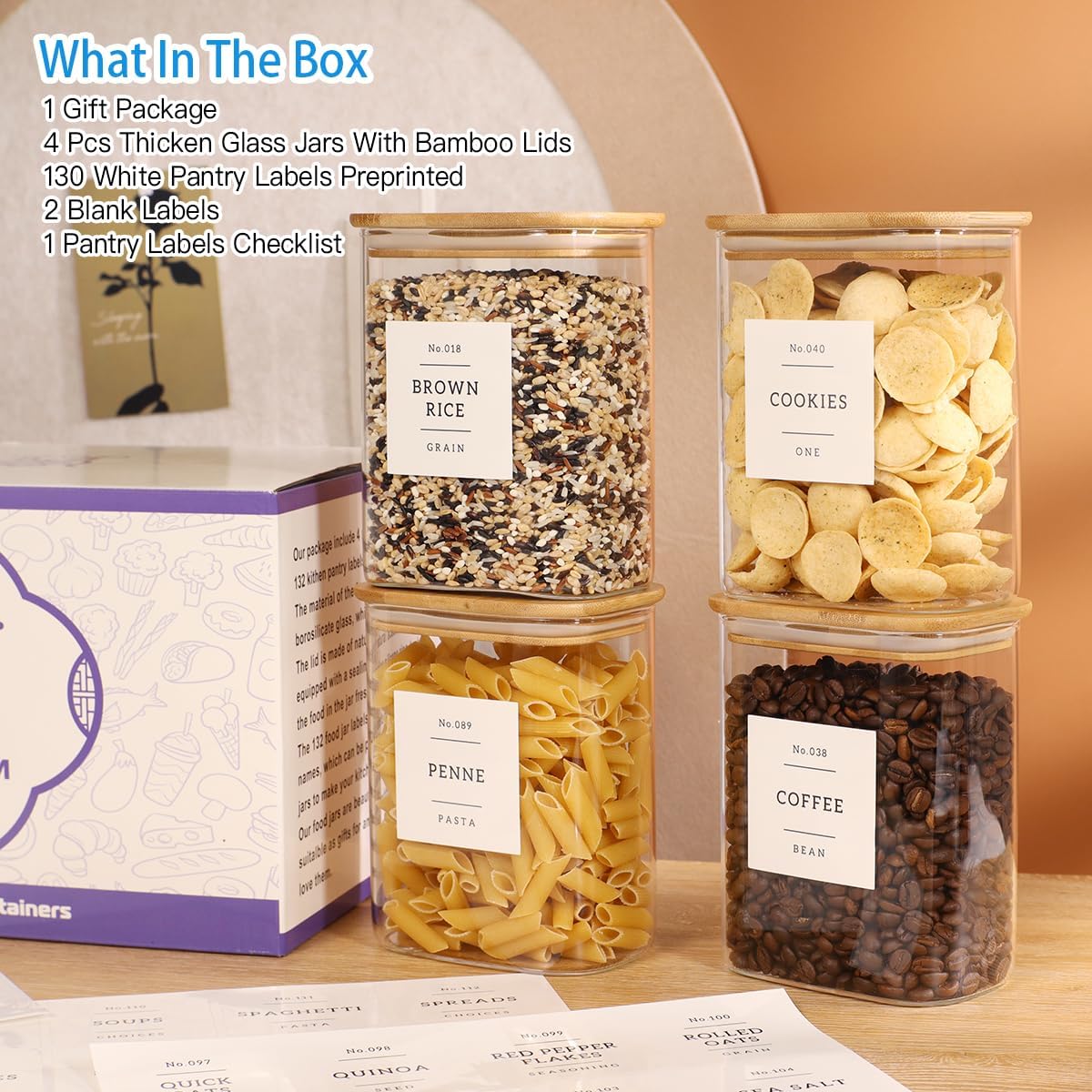 4 Pack Square Glass Pantry Storage Containers with 132 Kitchen Food Pantry Labels - 34 floz Clear Glass Pantry Jars with Airtight Wood Bamboo Lids - Glass Canisters for Tea, Cereal, Coffee, Spice
