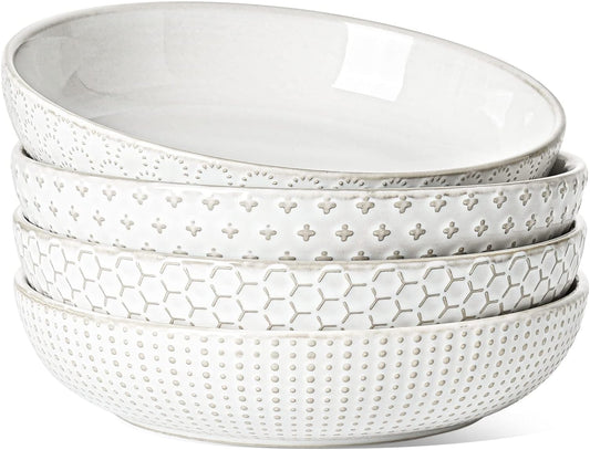 LE TAUCI Pasta Bowl 36 oz, Salad Bowl Serving Plate Bowls, Housewarming Wedding Present, Ceramic Embossment Bowl for Pasta, Fruits, Salad, Noodle, Dinner - 8 Inch, Set of 4, Arctic White