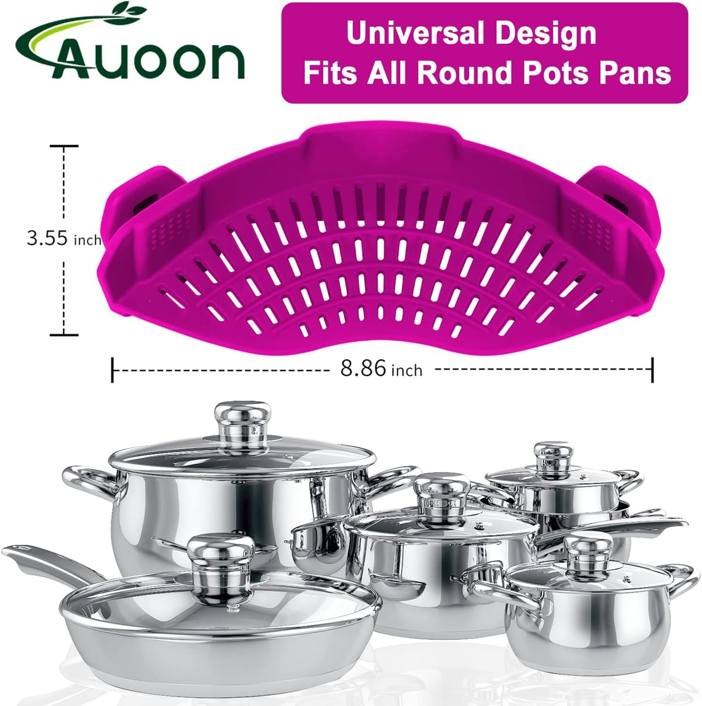 AUOON Clip On Strainer Silicone for All Pots and Pans, Pasta Strainer Clip on Food Strainer for Meat Vegetables Fruit Silicone Kitchen Colander (Purple)