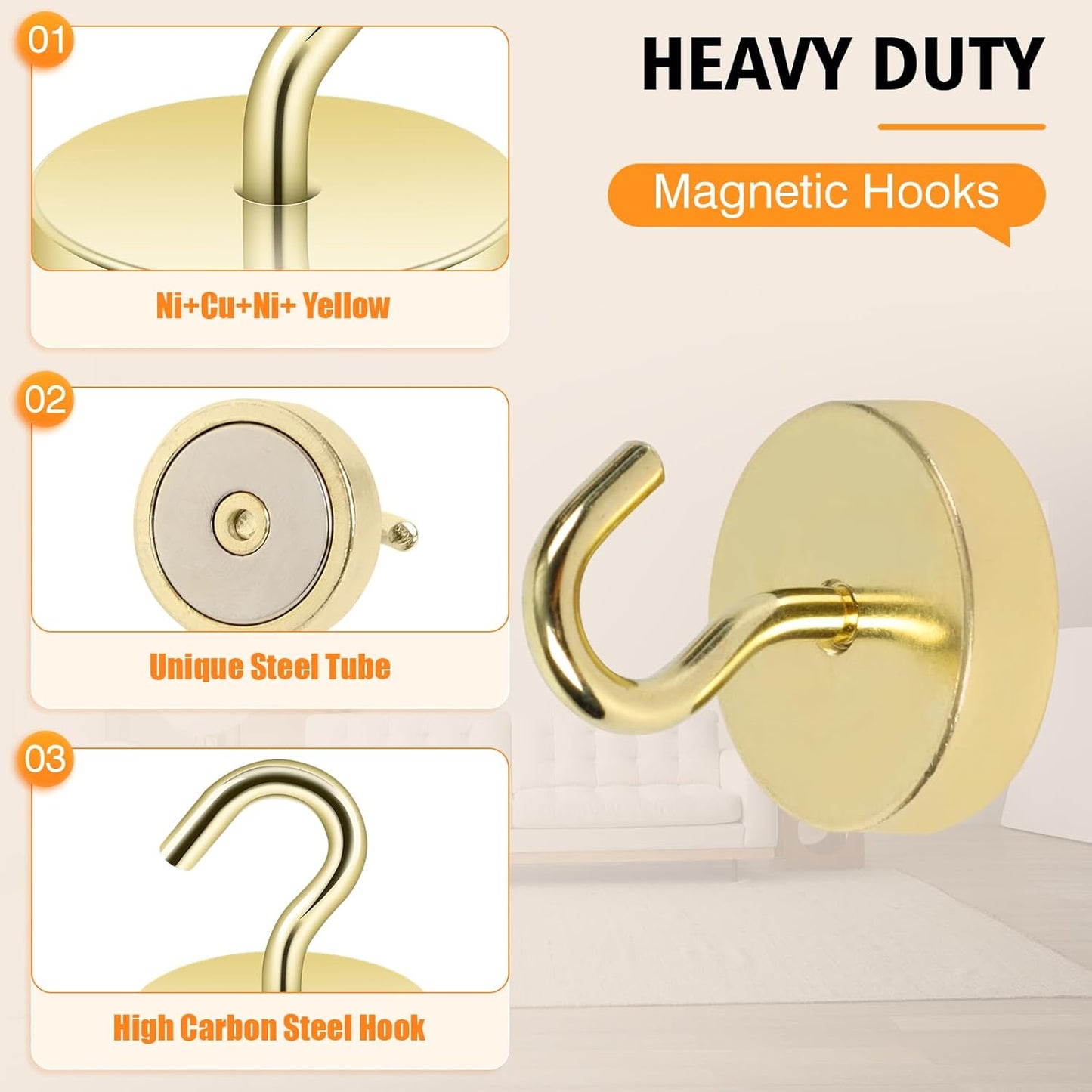 Neosmuk Magnetic Hooks, Cruise Ship Essentials, 80lb+ Heavy Duty Magnetic Hooks for Cruise Cabins, Refrigerator, Grill, Hanging, and Travel | Extra Strong Must-Haves Magnet Hook,Gold