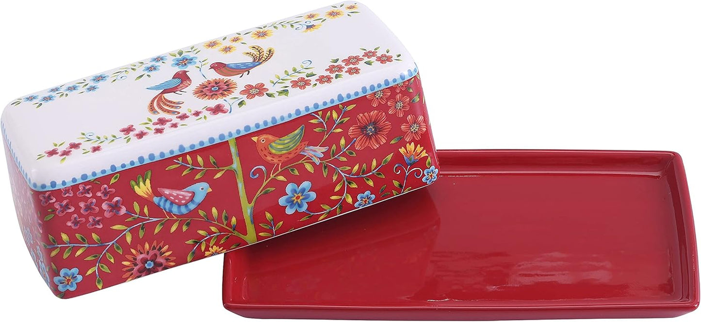 Bico Red Spring Bird Ceramic Butter Dish with Lid, Wide Butter Keeper for Counter, Kitchen Countertop, Microwave and Dishwasher Safe