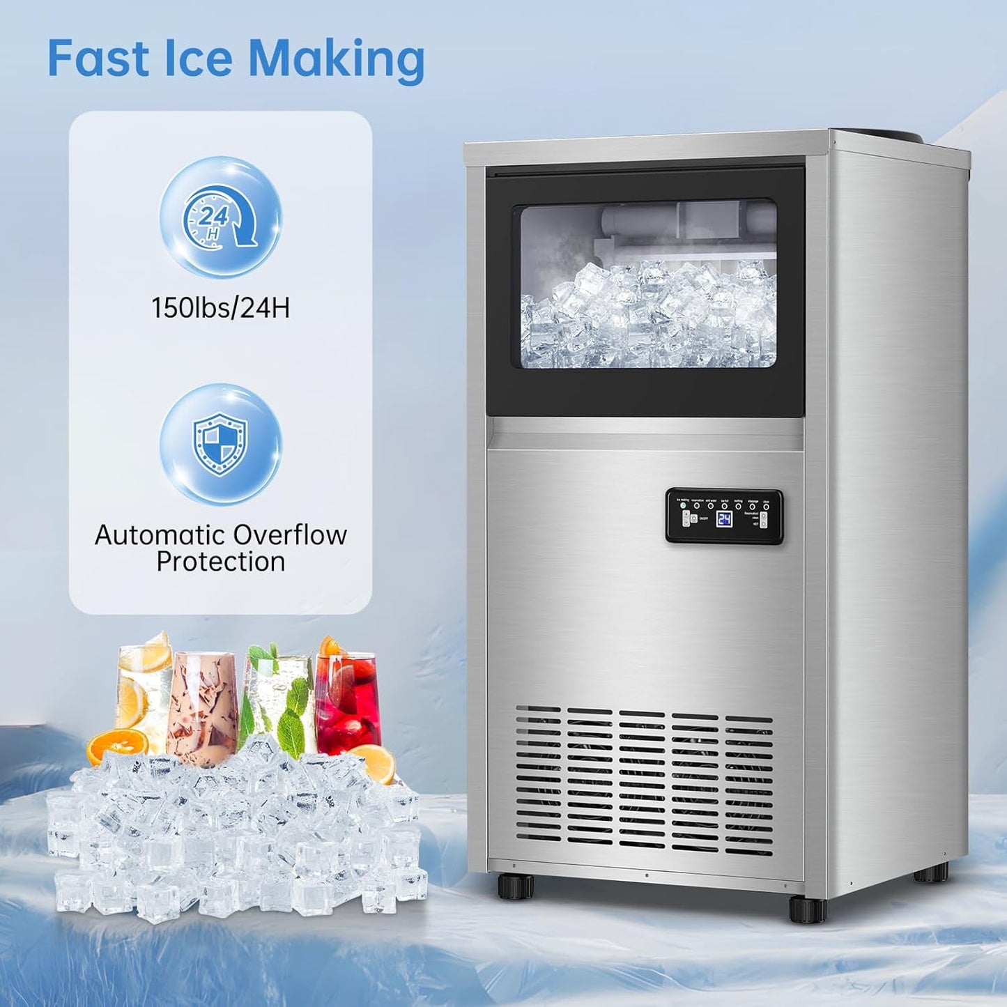 Ice Machine Commercial Ice Maker Machine, 150 Lbs /24H, 30 lbs Bin, Under Counter Built-in or Freestanding, Stainless Steel Household Use, Restaurant Bar Kitchen Cafe