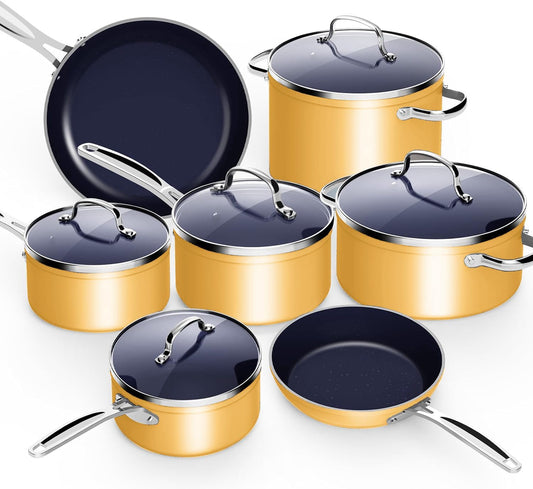 Nuwave 12pc Forged Lightweight Cookware Set, G10 Healthy Duralon Ceramic Ultra Non-Stick Coating, Vented Tempered Glass Lids, Stay-Cool Handles, Induction-Ready & Works on All Cooktops, PFAS Free
