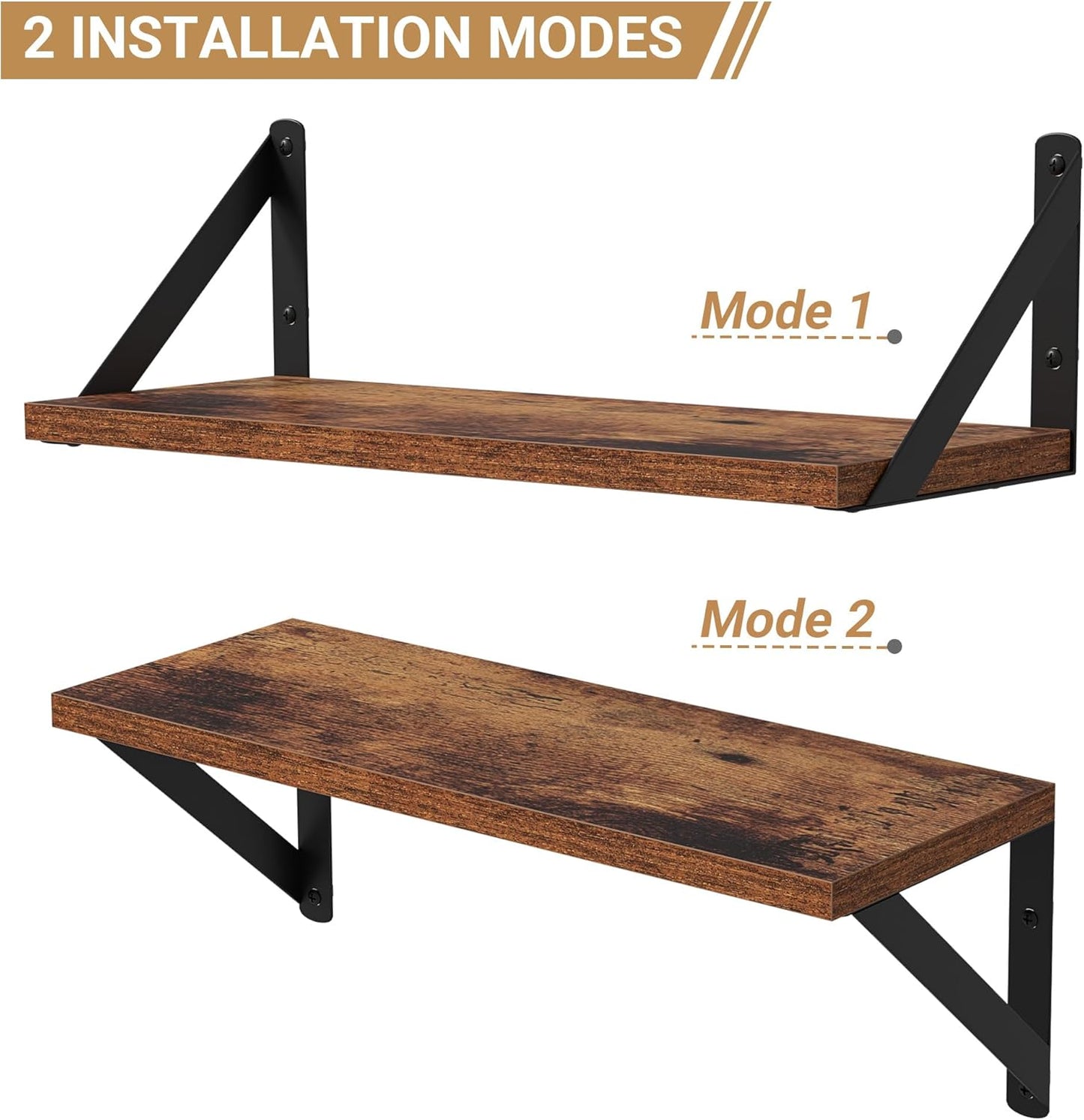 Heimlove Floating Shelves for Wall, 16 Inch Long Wood Floating Shelves Set of 3, Wall Mounted Hanging Shelf for Bathroom Bedroom Kitchen, Rustic Brown