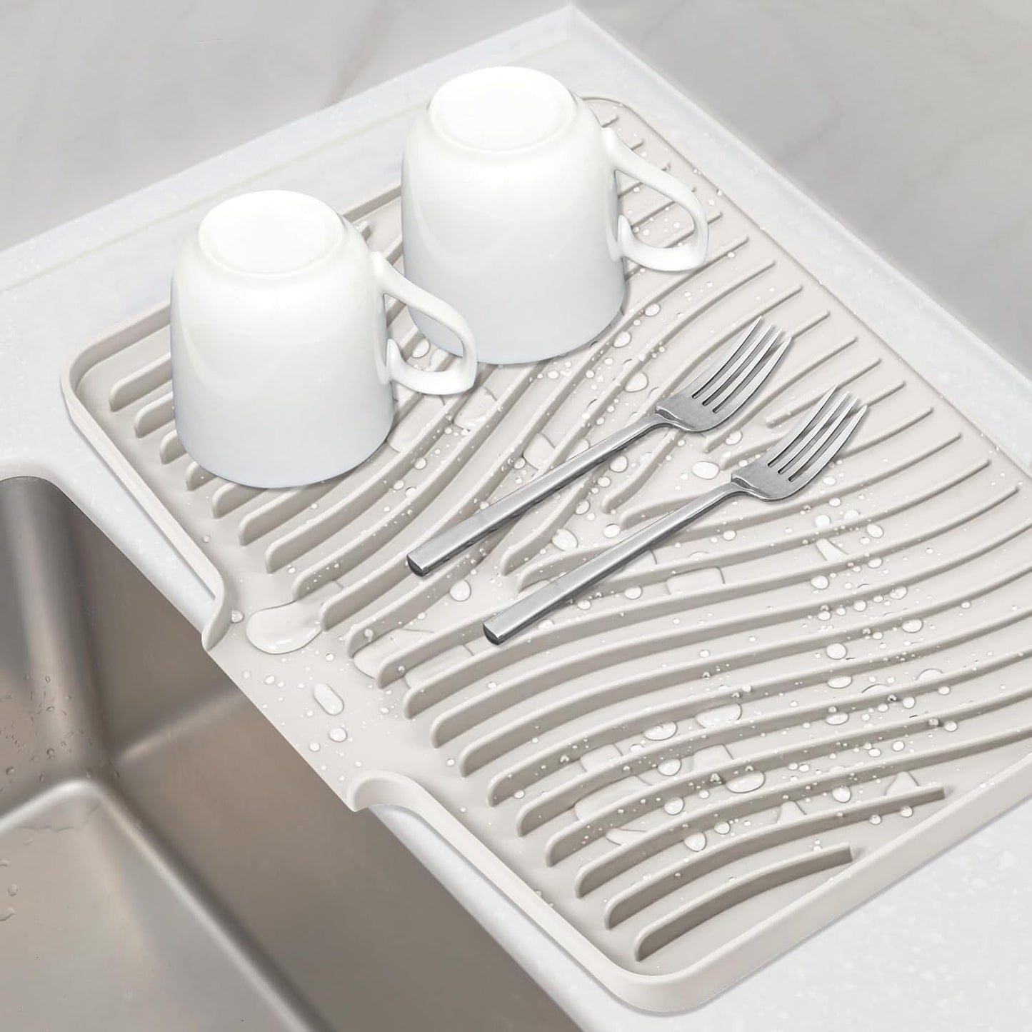 Silicone Dish Drying Mat for Kitchen Counter, Dish Drying Pad, Non-Slip Drain Pad with Built-in Drain, Heat Resistant Stone Drying Mat(15.8" x 13", Cream)