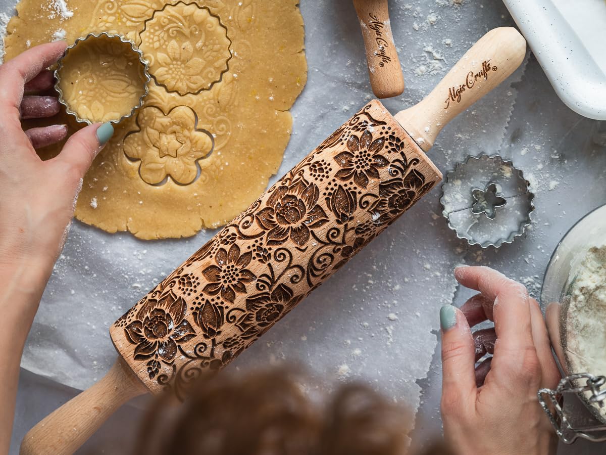 Embossing Rolling Pin BLOOMY with Floral Pattern – Dough and Clay Roller for Embossed Cookies and Pottery - Cookie and Ceramic Stamp - Baking Gifts for Women by Algis Crafts