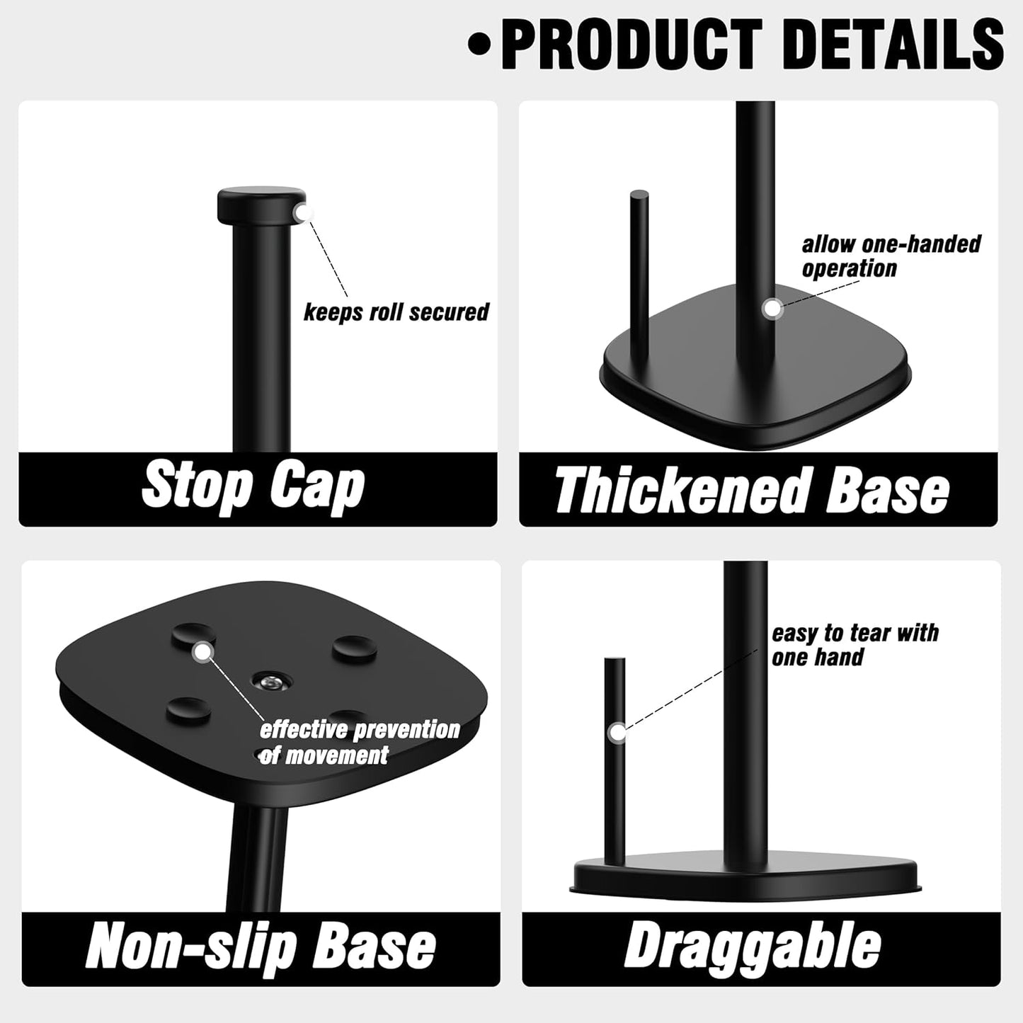 Paper Towel Holder Countertop, Standing Paper Towel Roll Holder for Kitchen Bathroom Organize, Stand with Weighted Base Suction Cups, Stainless Steel One-Handed Operation (Matte Black)