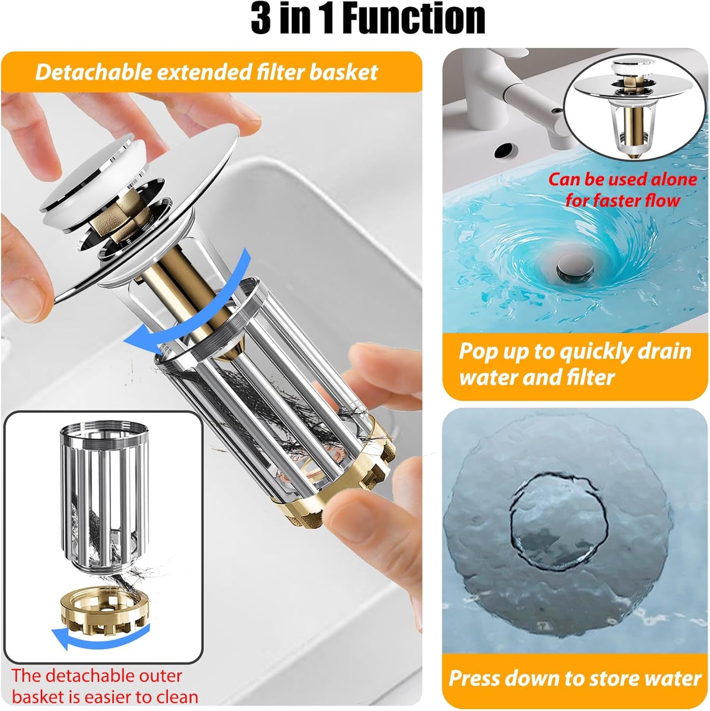 Bathroom Sink Drain Strainer, 2PCS 3 in 1 Pop Up Bathroom Sink Stopper with Removable Brass Basket Hair Catcher, Universal Sink Plug for 1.06 to 1.6in Drain Hole, Chrome Silver