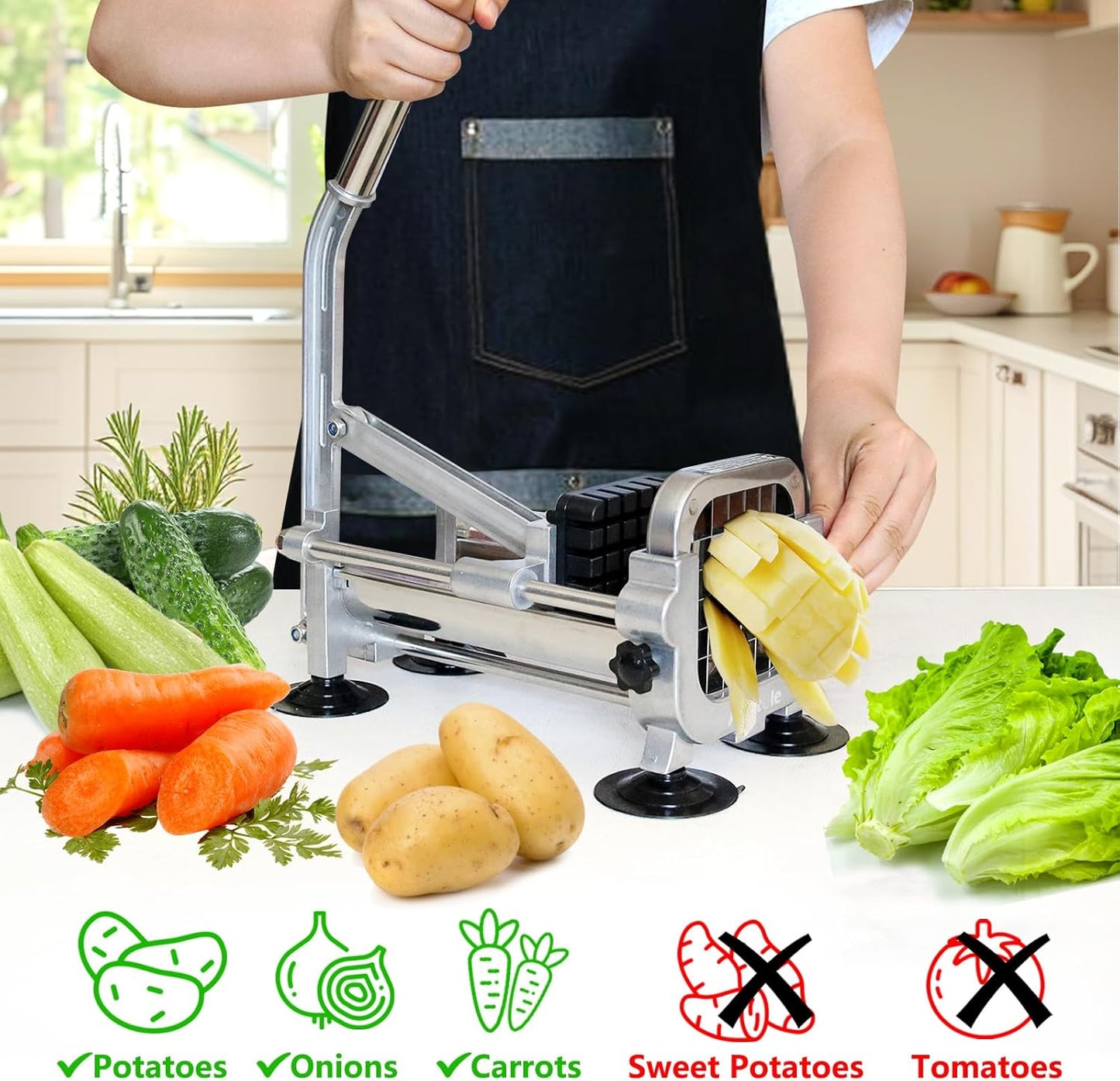 Anatole Professional French Fry Cutter Stainless Steel with 1/4'' 3/8'' 1/2'' Blades Manual Potato Slicer Veggie Chopper Homestyle Dicer for Onions Carrots Cucumbers