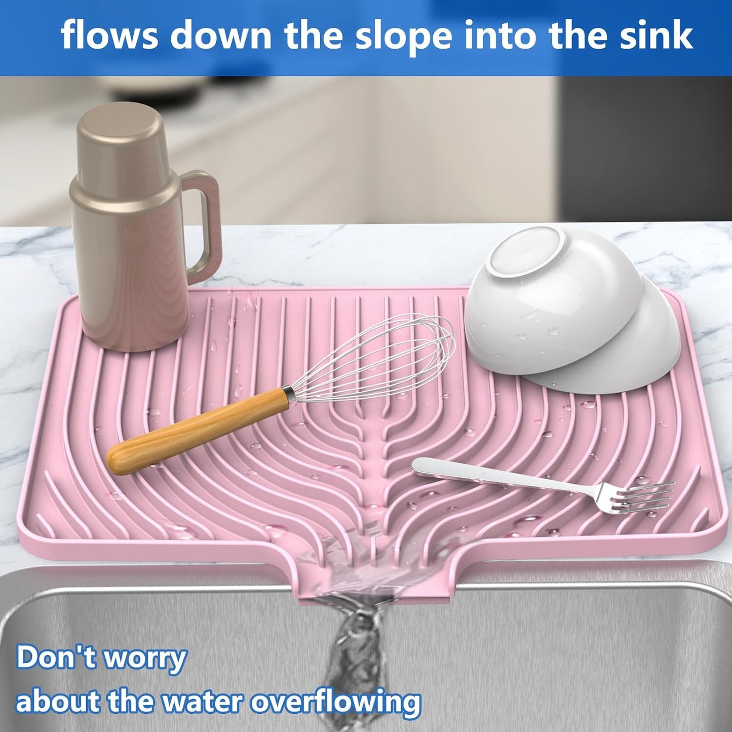 Dish Drying Matt for Kitchen Counter,18"×12"Silicone Dry Rack Mat with Built in Drain, Kitchen Dry Mats for Dishes Drying Pad for Counter(18"×12"Pink)