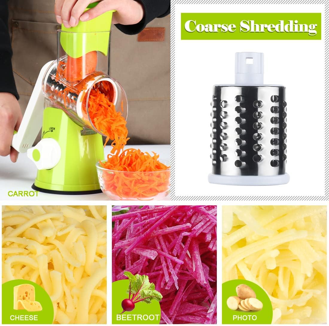 Ourokhome Rotary Cheese Grater Hand Crank, Kitchen Shredder Speed Mandolin Slicer Nut Grinder with Handle and Drum Blades for Cheese, Vegetable, Walnut, Chocolate, Potato, Carrot, 3 Blades, Green