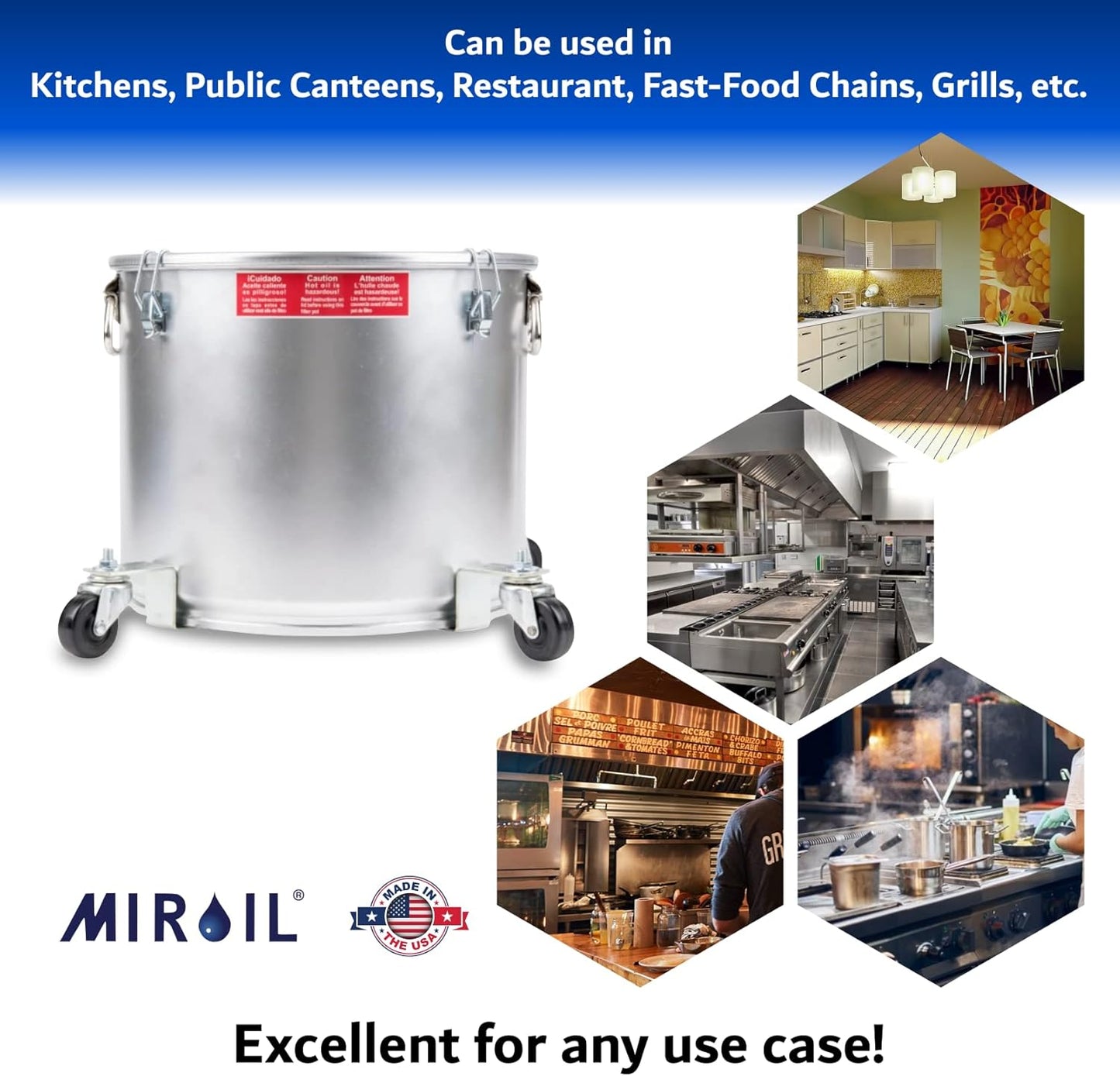 MirOil 5 Gallon Oil Disposal Caddy with Caster Wheels, USA Made Deep Fryer Grease Bucket Pot with Lid Lock &Lock Clips, 35lb Frying Oil Disposal Storage Container, Filtering Hot Cooking Grease - #40LC