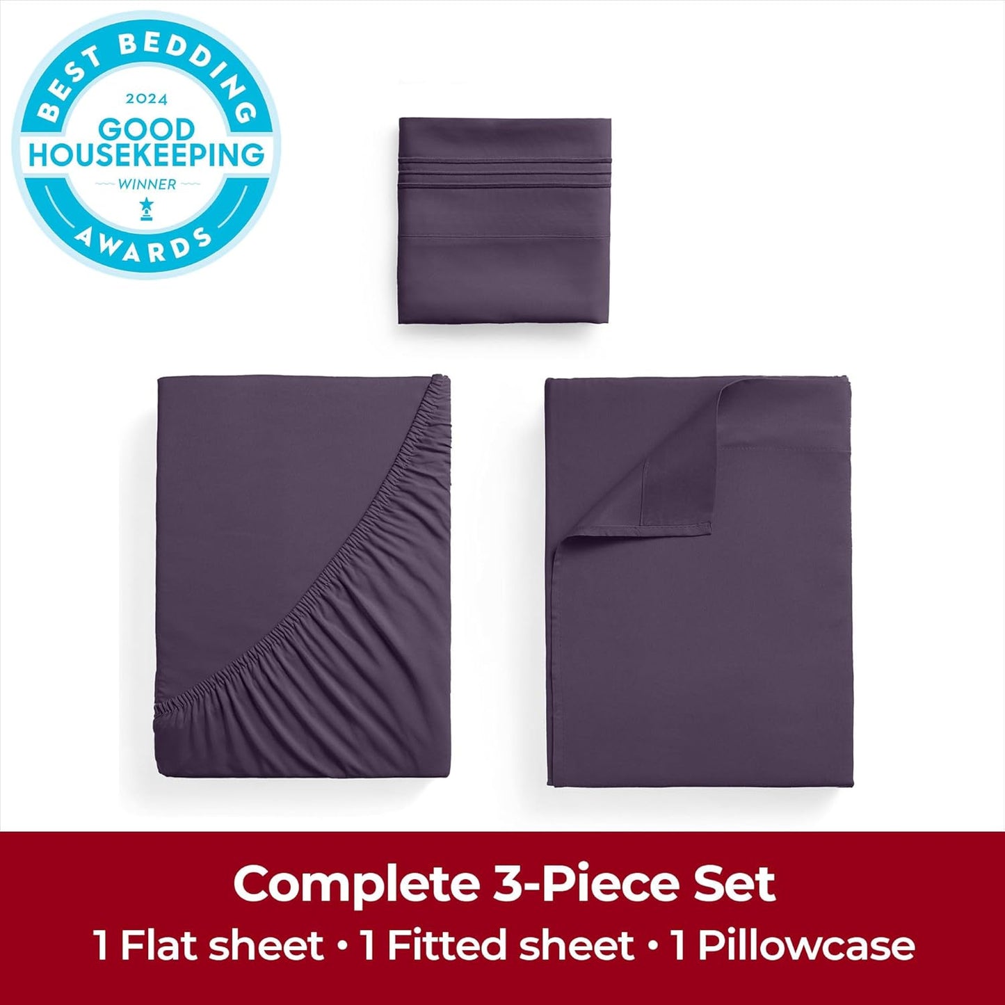 Mellanni Twin Sheets Set - 3 PC Iconic Collection Bedding - Hotel Luxury, Extra Soft, Cooling Bed Sheets - Wrinkle, Fade, Stain Resistant (Twin, Purple)