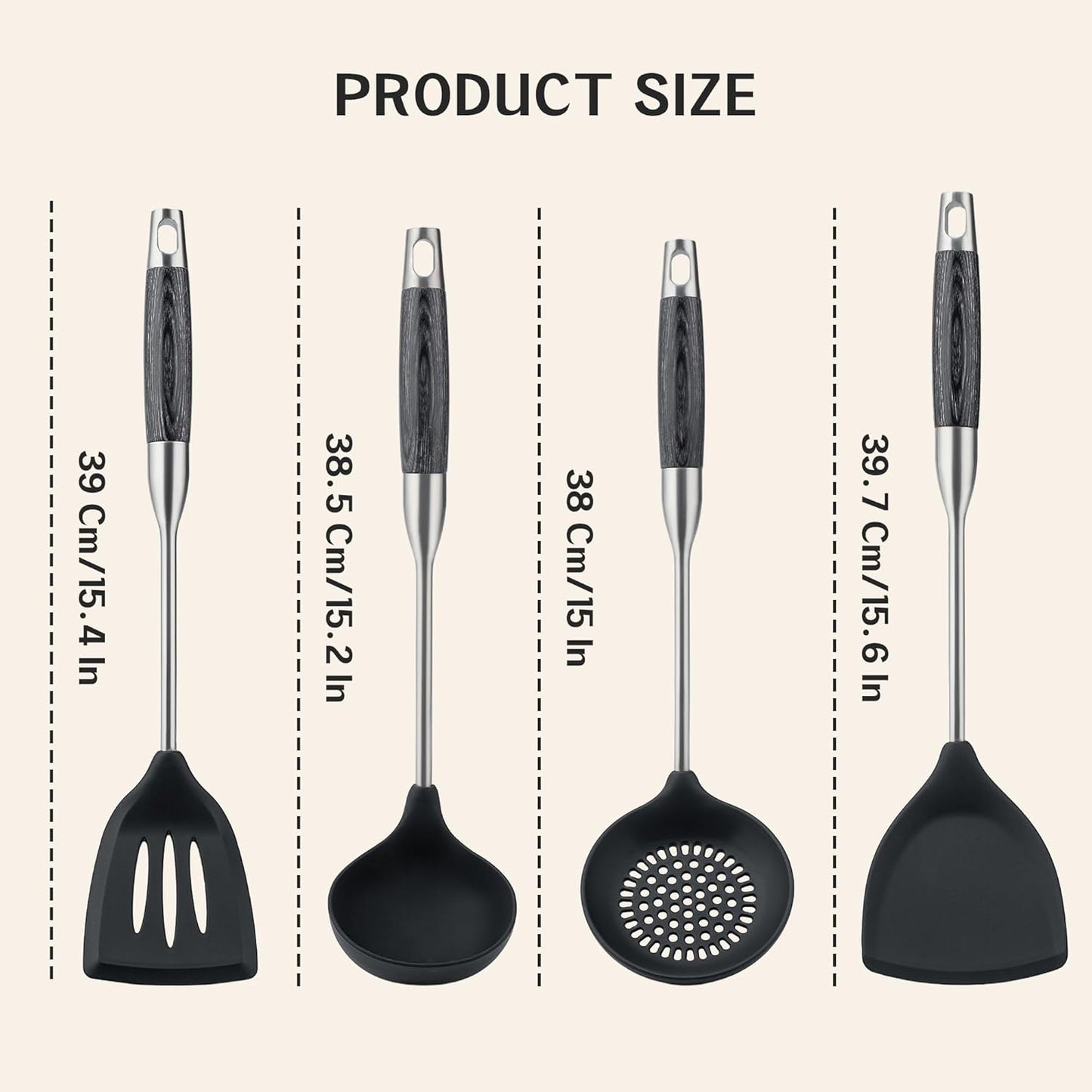 FJNATINH Silicone Wok Spatula,Turner,Ladle,Skimmer,Stainless Steel Wok Tools,Wok Utensil,Non Stick Heat-Resistant Cooking Utensils BPA Free Kitchen Utensils Cookware (Black Stainless Steel-4PCS)