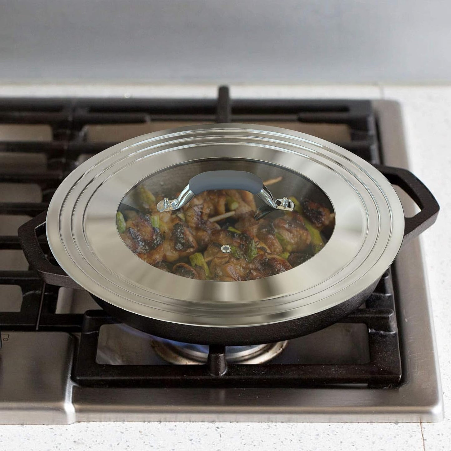 Universal Pans Pots Lid Cover Fit All 8.25 Inch to 12 Inch Pots/Pans/Woks Stainless Steel and Glass Lid with Heat Resistant Knob, Gray