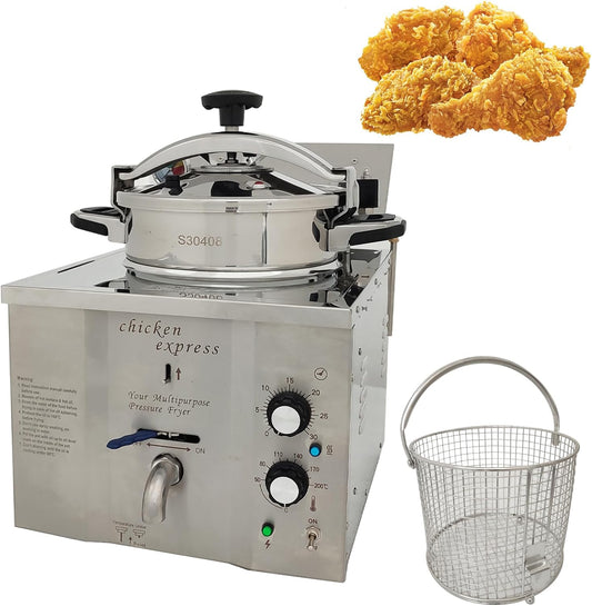 110V 16L Commercial High Pressure Fried Chicken Stove 2.4KW Electric Countertop Pressure Fryer Stainless Steel Kitchen Frying Machine for Snack Bar Restaurant