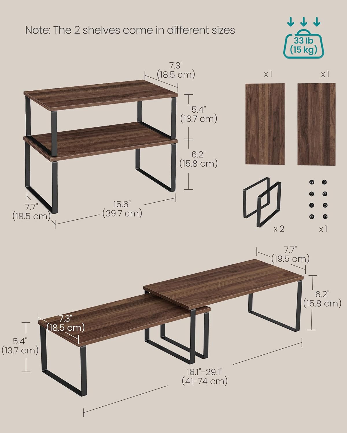 SONGMICS Cabinet Organizer Shelf, Set of 2 Kitchen Counter Shelves, Kitchen Storage, Spice Rack, Stackable, Expandable, Metal and Engineered Wood, Natural Walnut and Matte Black UKCS025K01