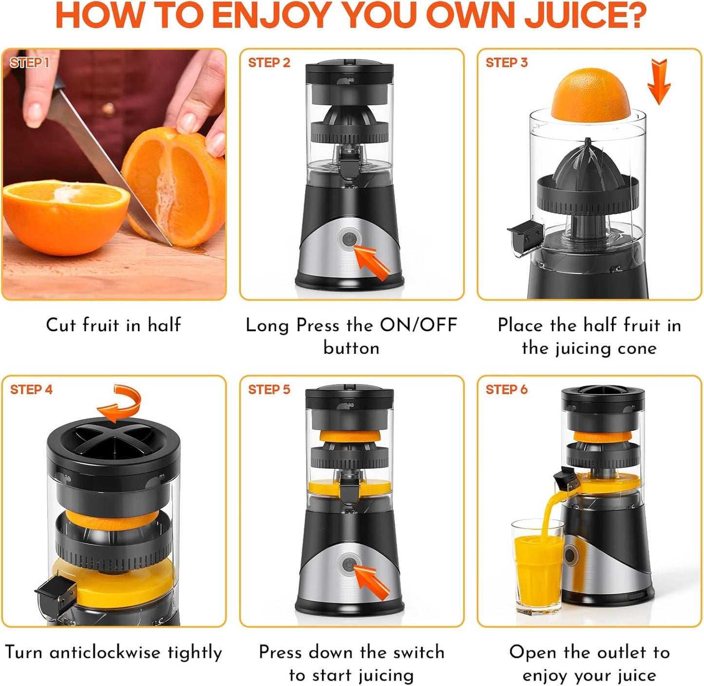 Electric Citrus Juicer, Hands-Free One-Touch Orange Juice Squeezer, Rechargeable Juicer Machines with Ultra-Powerful Motor for Effortless Juicing, Countertop Small Kitchen Appliance for Orange, Lemon