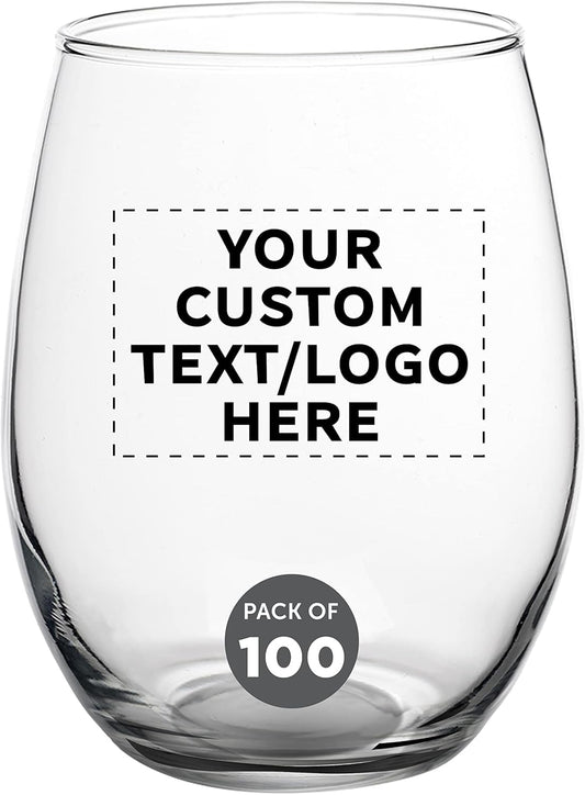 Custom Stemless Wine Glasses in Bulk by ARC Perfection, 15 oz, 100 pack, Personalized Text, Logo, Red or White Wine Glass Set, Black