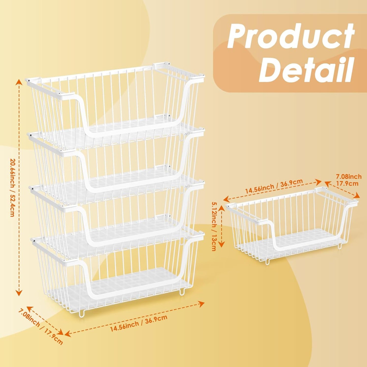 4 Pack Stackable Wire Baskets with Handles for Pantry Organizers and Storage, Fruit and Vegetable wire storage baskets, Potato and Onion Storage Bin, Metal Baskets for Organizing Snacks, Cans (White)