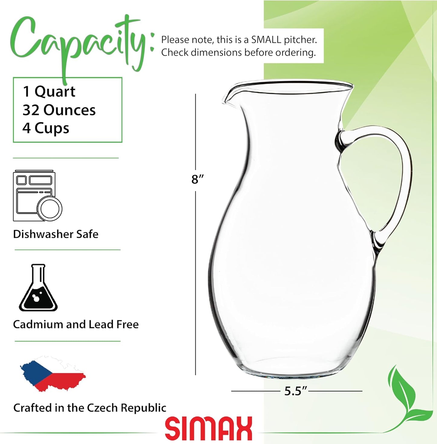 Simax Glass Pitcher With Spout, SMALL 1 Quart Borosilicate Glass Pitchers With Handle, Glass Water Pitcher Glass, Cocktail Pitcher, Margarita Pitcher, Sangria Pitchers, Beverage Pitchers