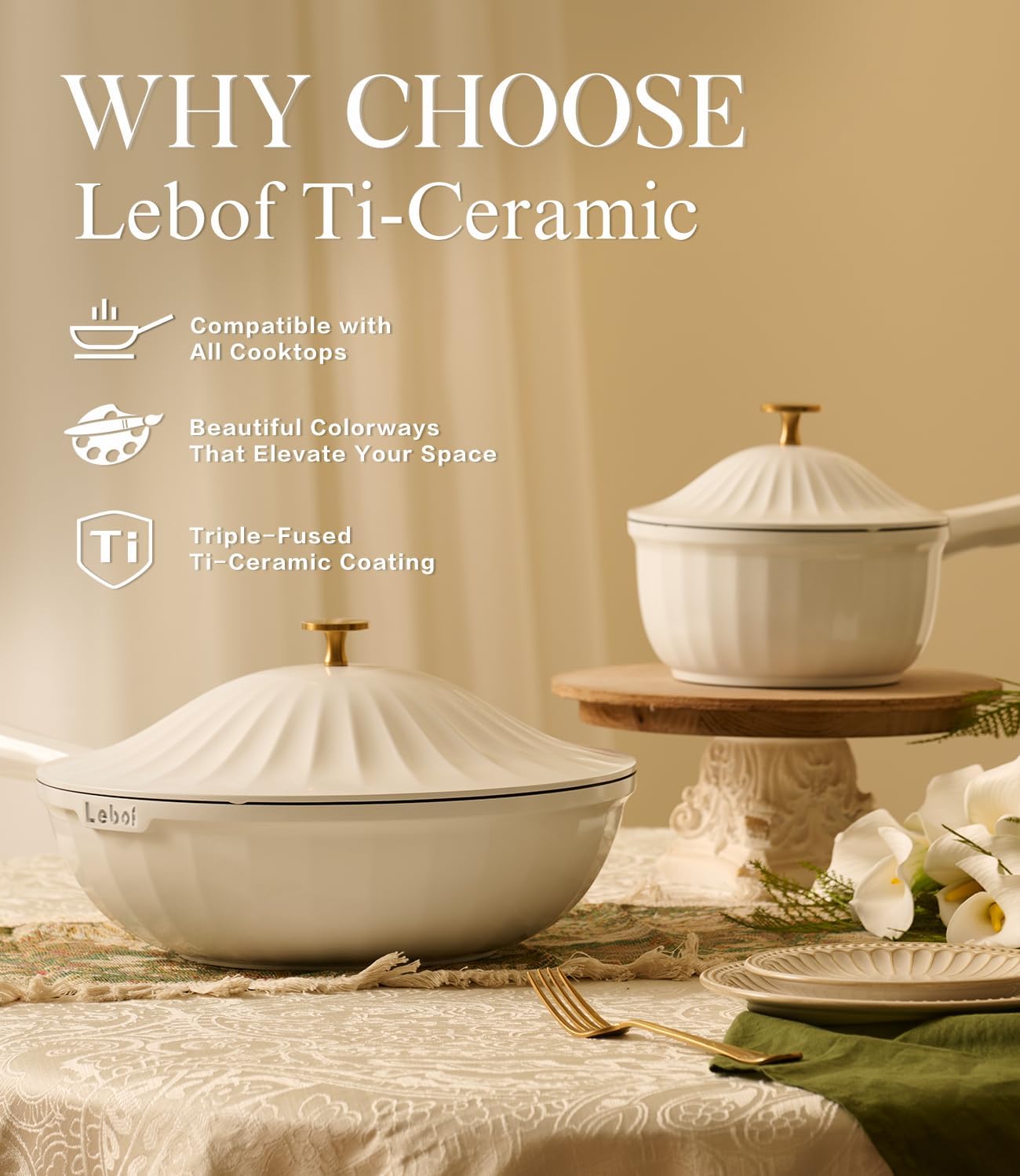 Nonstick Ceramic Cookware Set (7 Piece)–Titanium Cast Aluminum Pots and Pans Set with Lids, Non Toxic PFAS-Free Compatible with All Stovetops–Pearl White