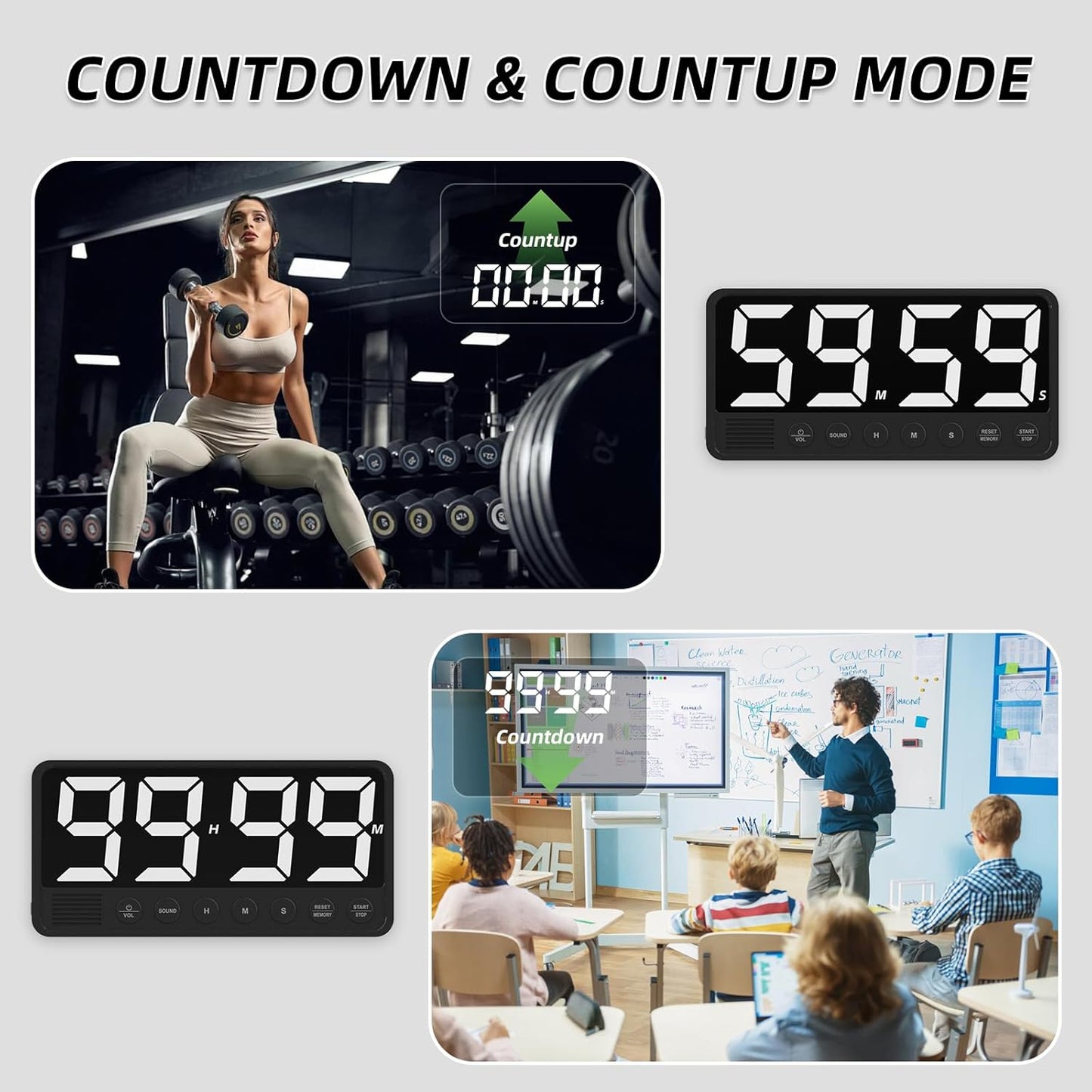 Extra-Large Display Digital Kitchen Timer with 7.4” LED Screen, 6 Alarms & 4 Volume Levels, 3 Memory Presets, Magnetic Stand Rechargeable Count Down/Up Timer for Cooking Home Gym, Black