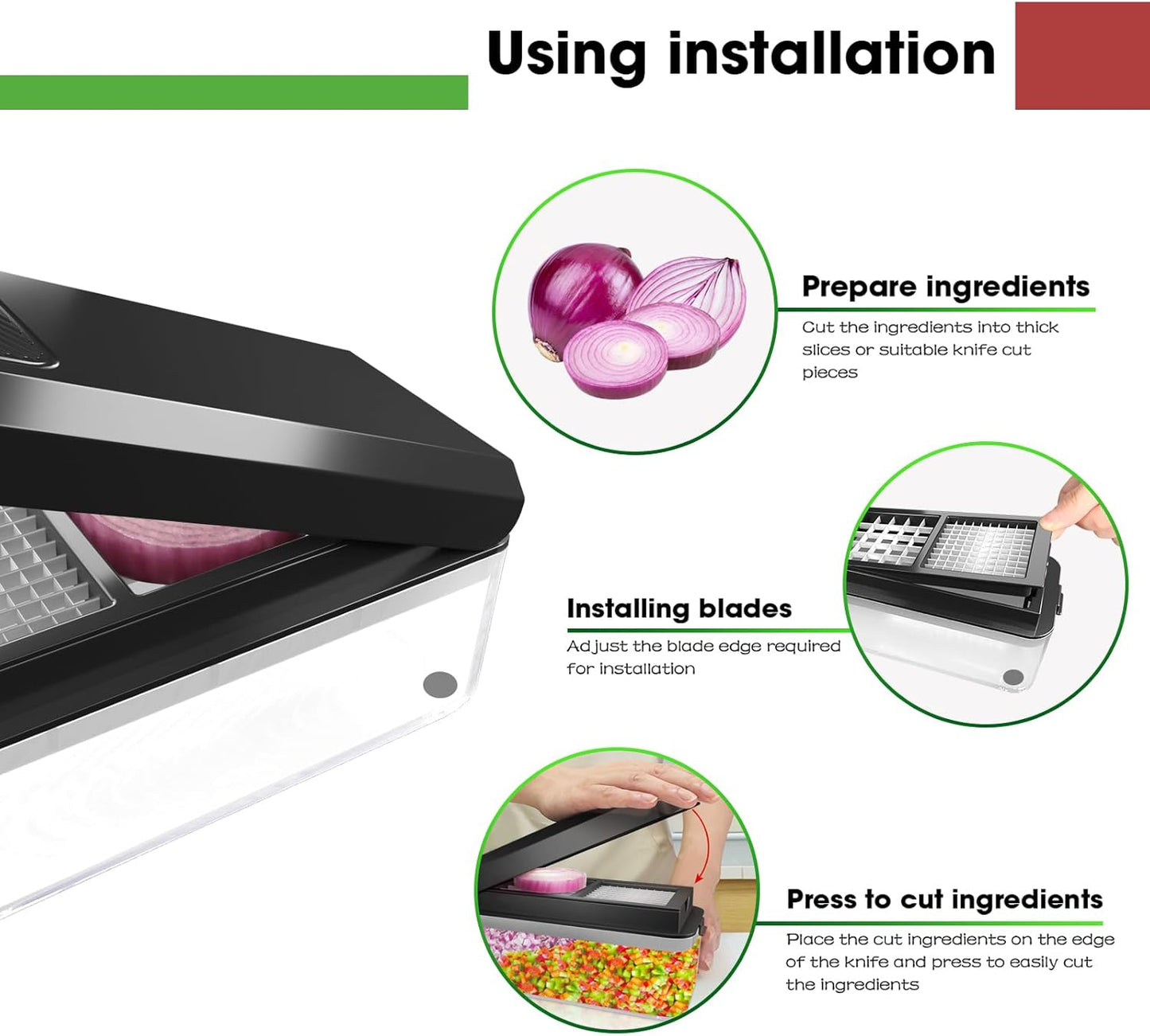 Vegetable Chopper, Onion Chopper Dicer, Mandoline Slicer, Food Chopper with Container, Vegetable Cutter for Salad Potato Carrot Garlic（2 Blades, Black）