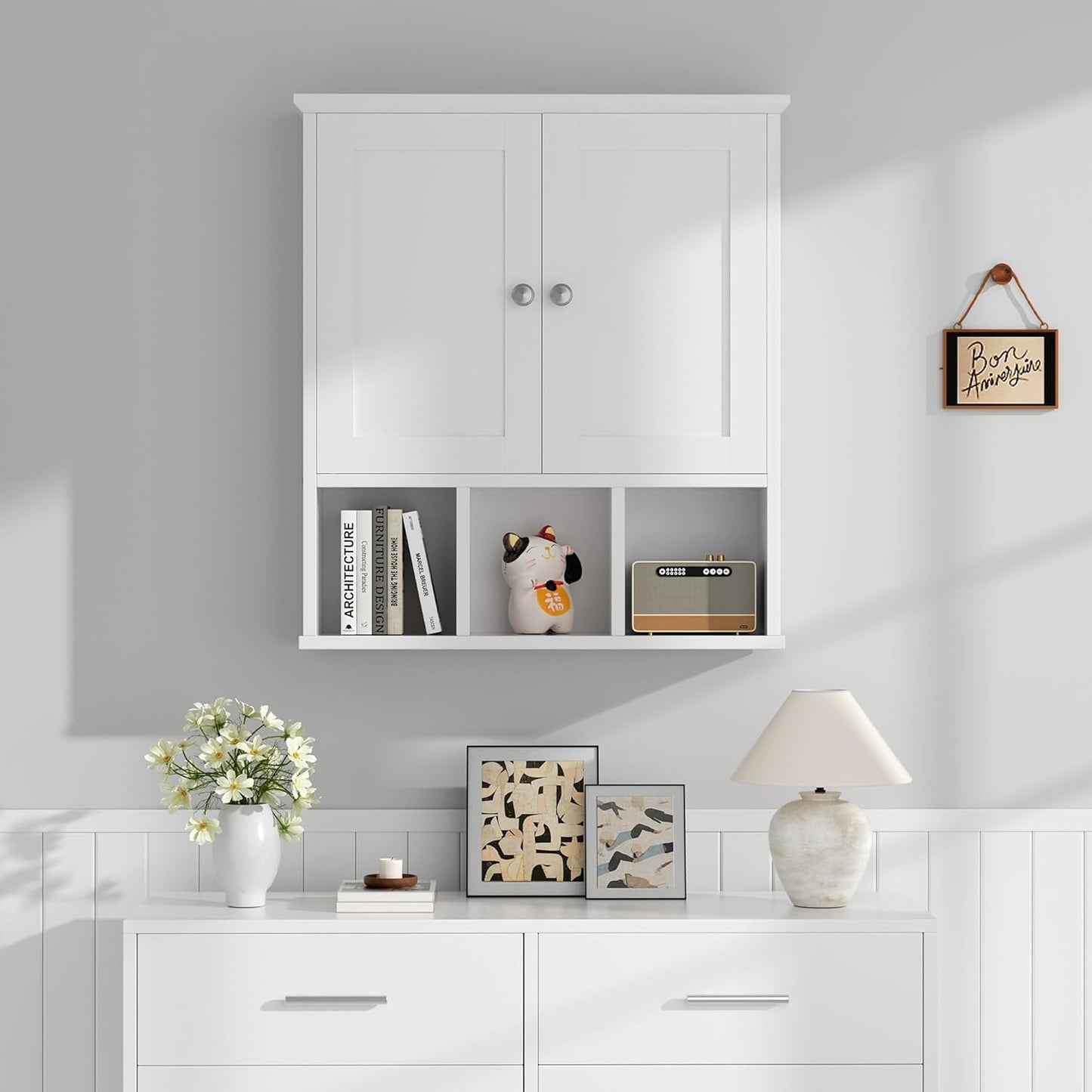 Shintenchi Bathroom Wall Cabinet with Door, Storage Organizer Over The Toilet Medicine, Space Saving with Adjustable & Open Shelf, White