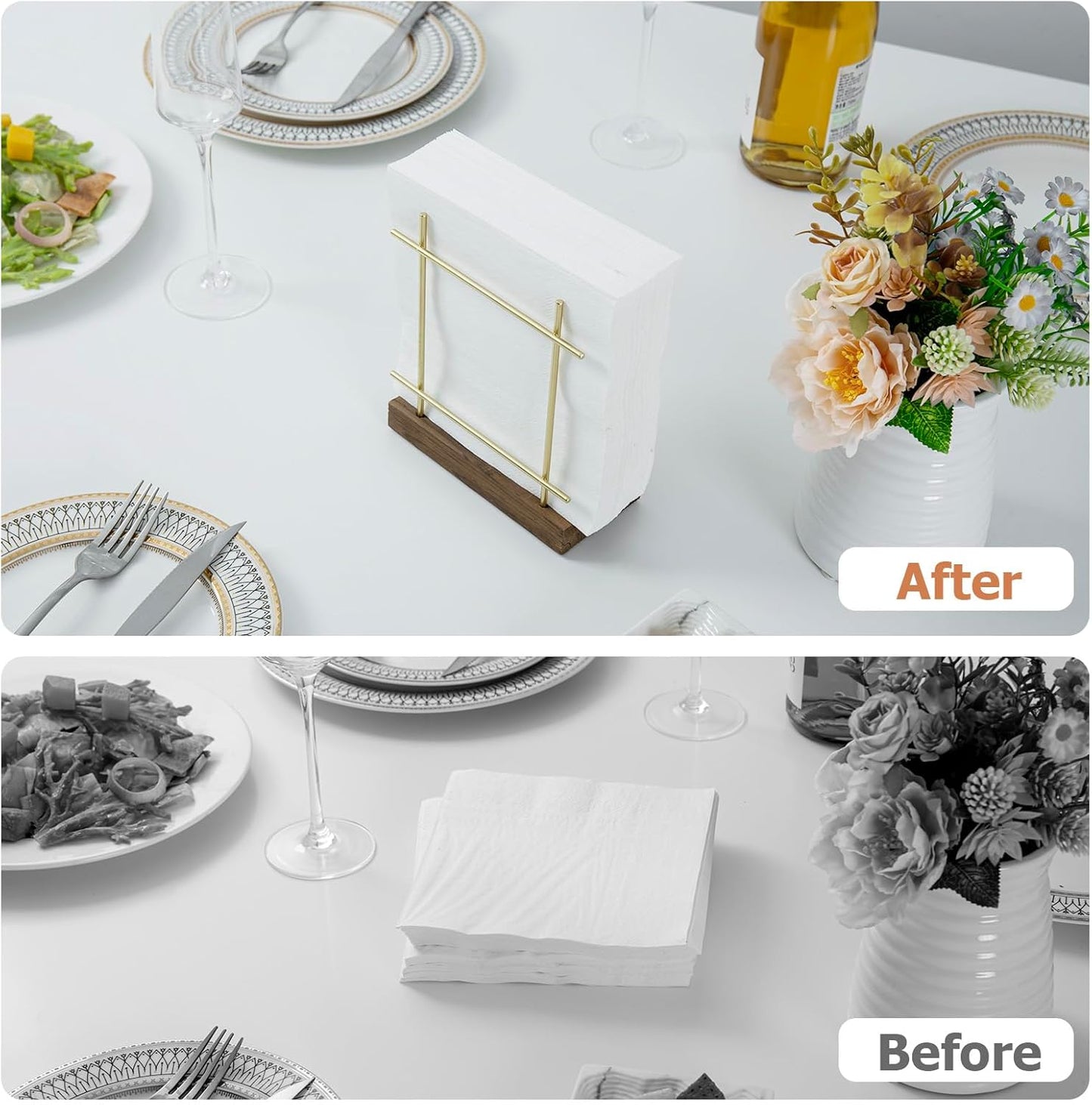 MyGift Napkin Holder for Table, Wire Metal Napkin Dispenser with Wood Base Kitchen Countertop, Contemporary Brass-Tone Tabletop Dining Decor