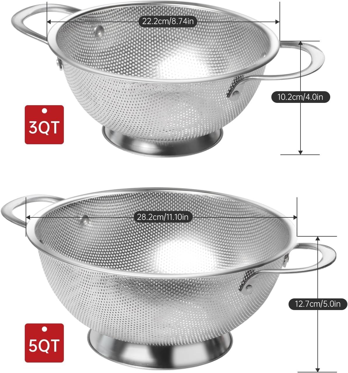 Premium Stainless Steel Colander for Kitchen, Food Strainer Basket with Handle and Solid Ring Base for Fruits Vegetables Rice and Pasta, Dishwasher Safe (3QT)