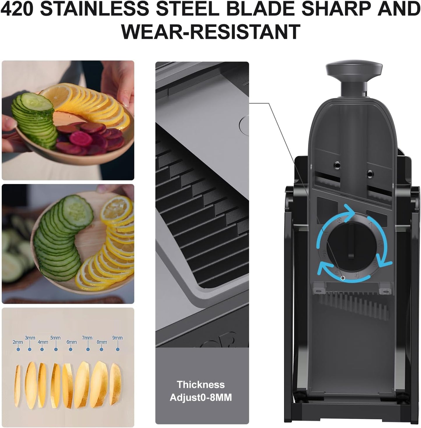 Safe Mandoline Slicer for Kitchen, Meal Prep,Potato Slicer, Adjustable/Easy to Clean/Storage, Kitchen Chopping Artifact,French Fry Cutter,Paring Knife/Cleaning Brush (only Slice, Black Knight)