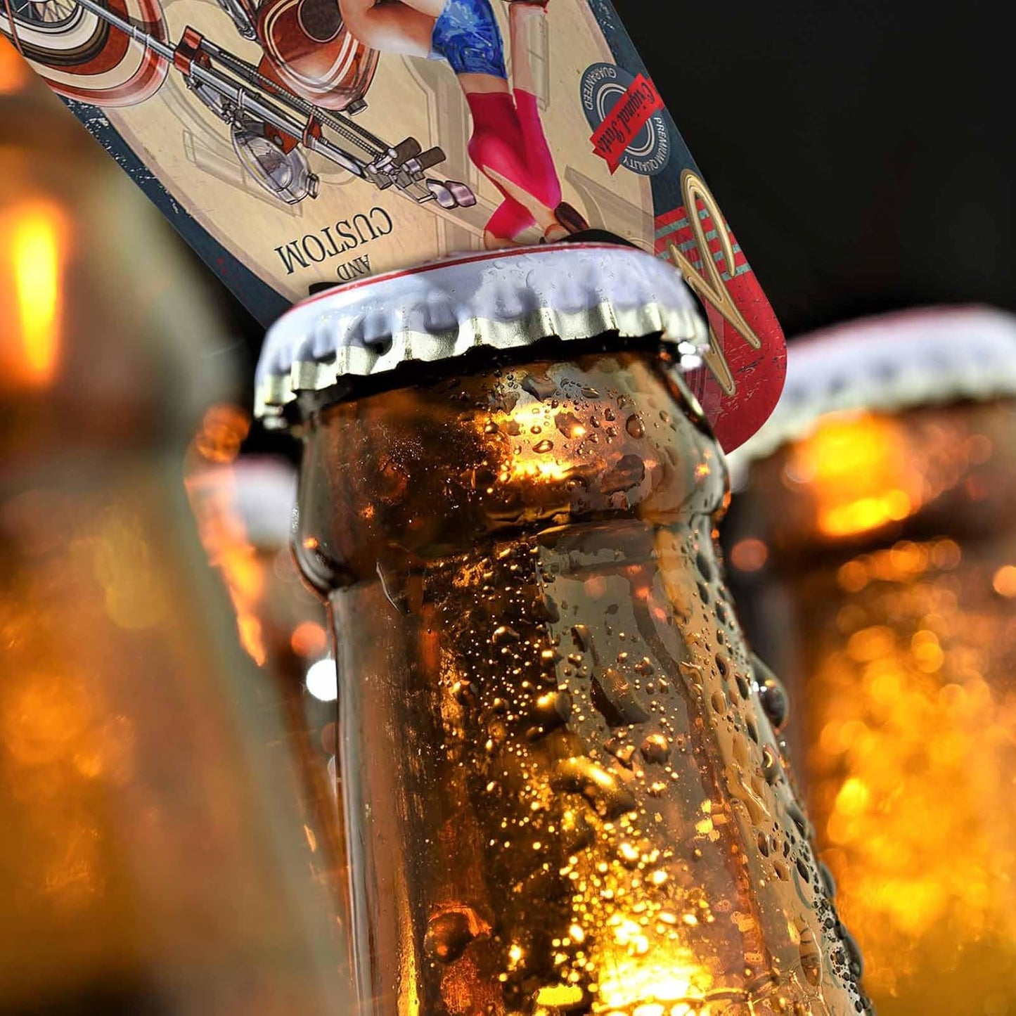 Vintage Motorcycle Stainless Steel Bottle Opener Smile Girl Leg Sit Moto Racing Club Wheel Speed Garage Flat Beer Bottle Opener Keychain for Home Kitchen Bar Restaurant Party Birthday Gift