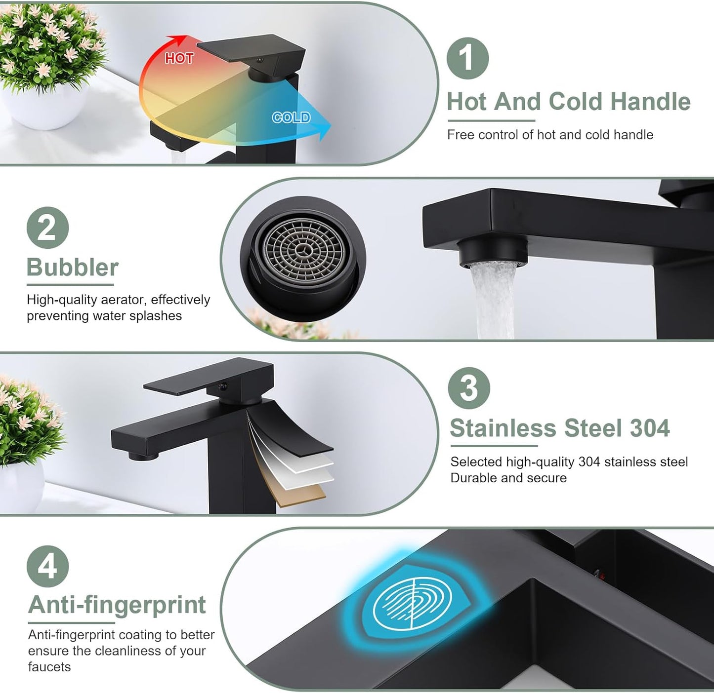 Matte Black Bathroom Faucet Single Handle Bathroom Vessel Sink Faucet 1 Hole Modern Stainless Steel Vanity Faucet for Bathroom Sink with Pop Up Drain Stopper & Water Supply Hoses