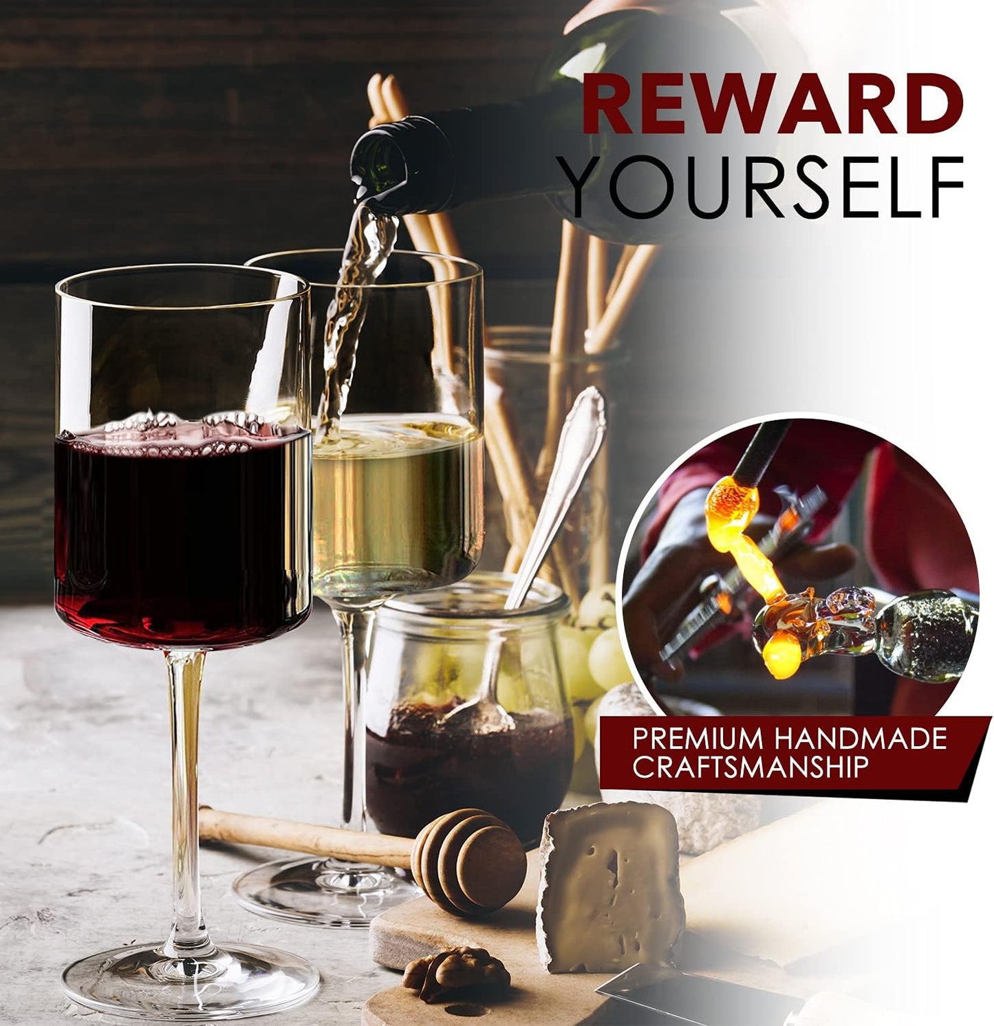 Chouggo Square Wine Glasses Set of 6, Hand Blown Crystal Red Wine or White Wine Glass 11.4Oz - Hand Crafted by Artisans - Gifts for Women, Men, Wedding, Anniversary, Christmas, Birthday