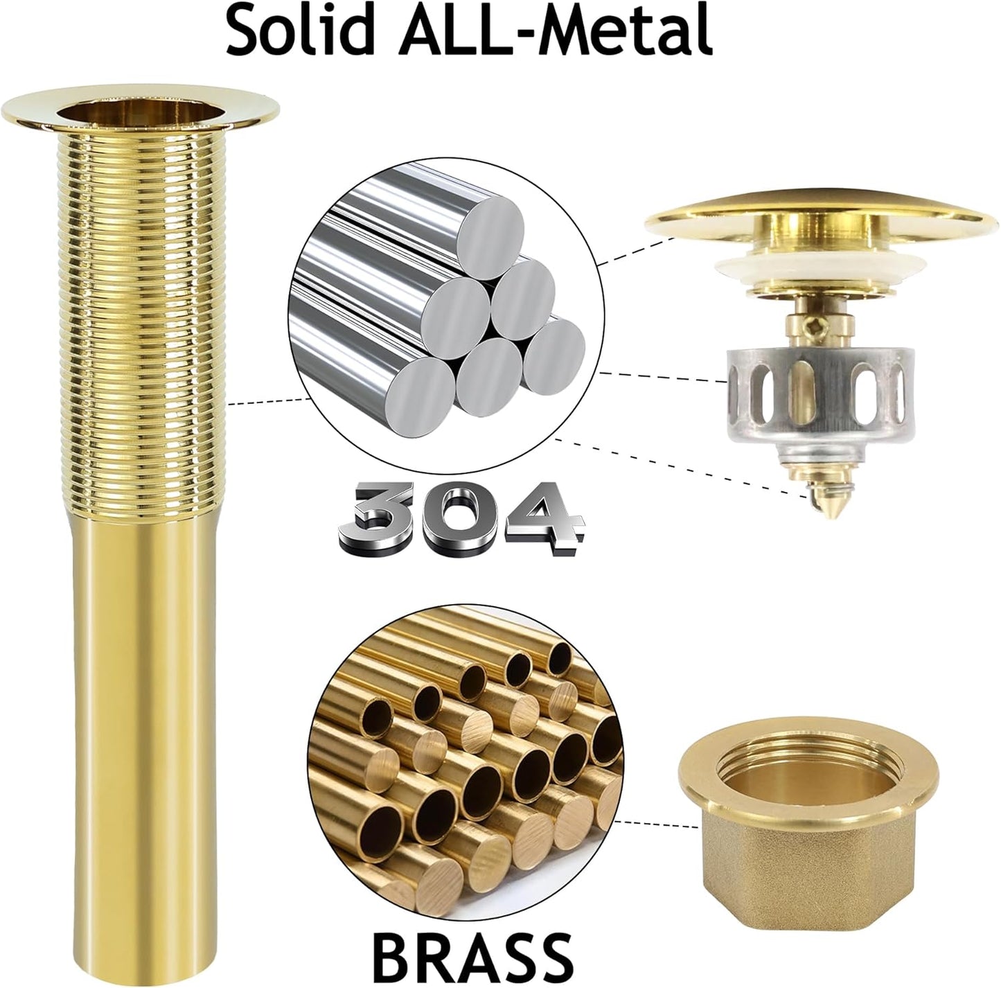 Bathroom Sink Drain, 4 Pack Gold Drain Stopper Without Overflow,Pop Up Drain Assembly Without Detachable Strainer Basket,Built-in Anti-Clogging Strainer,Stainless Steel