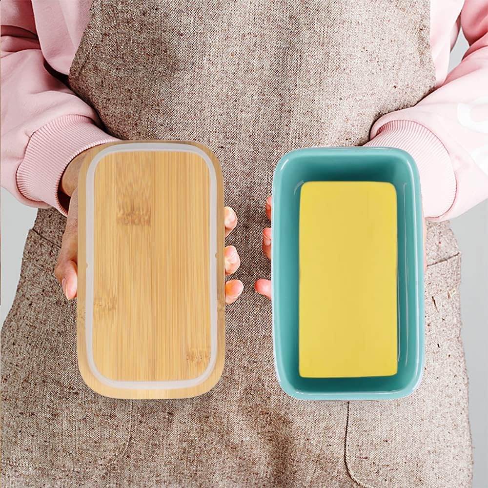Ceramic Butter Dish with Wooden Lid, Large Butters Container Keeper Storage with Stainless Steel Knife Spreader, Bamboo Cover and Silicone Sealing Ring for West East Coast, Aqua