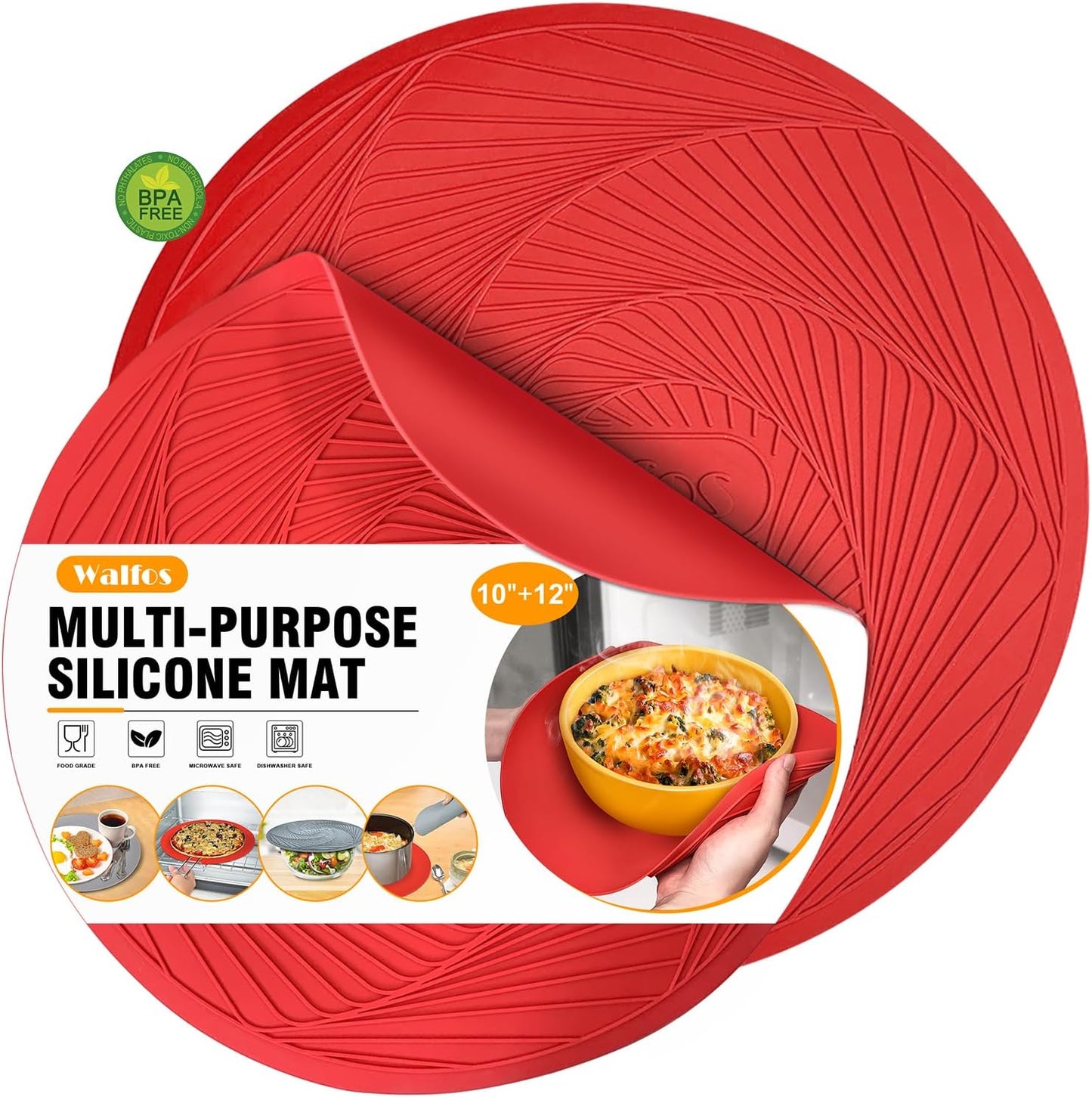 Walfos 12 10 Inch Silicone Microwave Mats, Microwave Splatter Cover for Food, Pot Holders for Kitchen, Non-Slip Heat Resistant Silicone Mats for Microwave, Oven, Hot Pan, Pot (Red)