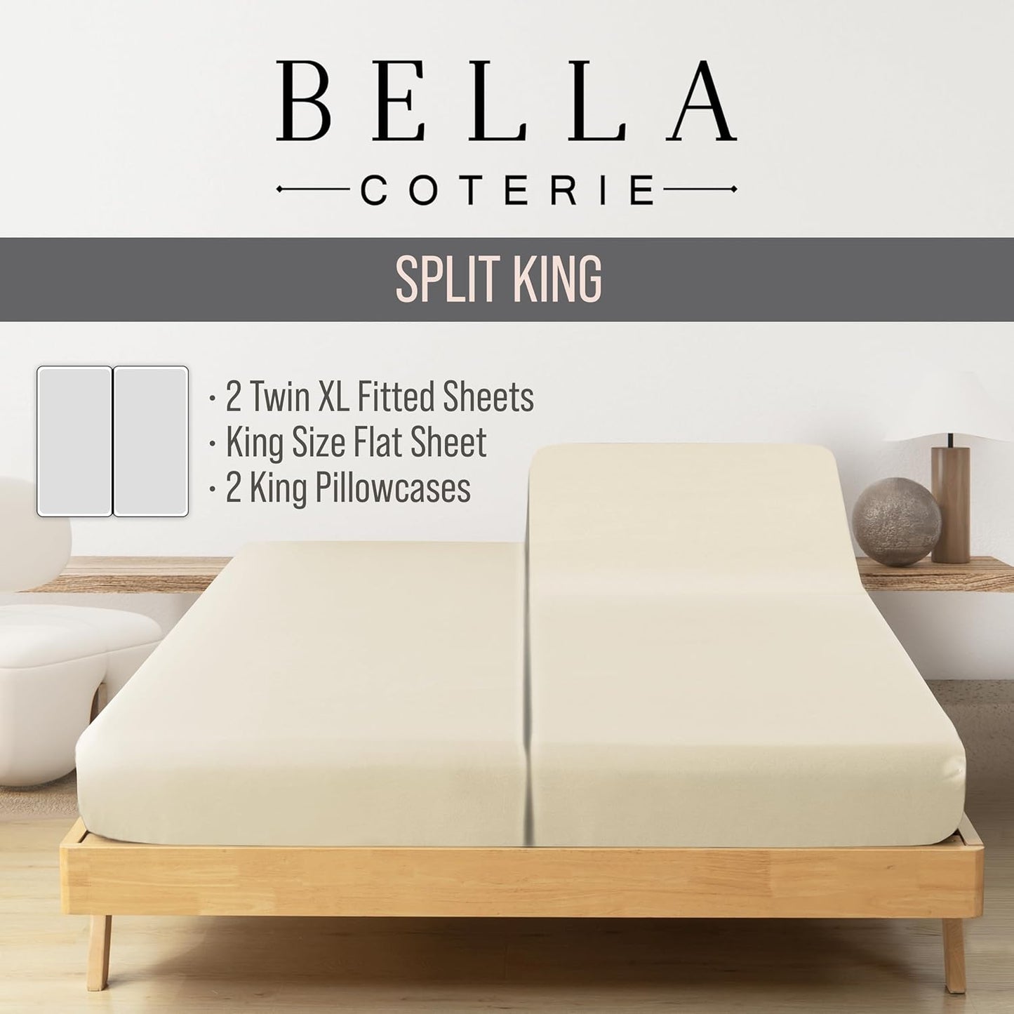 Bella Coterie Luxury Bamboo Viscose Split King Size Sheet Set | 100% Organically Grown | Ultra Soft | Cooling for Hot Sleepers | 18" Deep Pocket [Ivory]