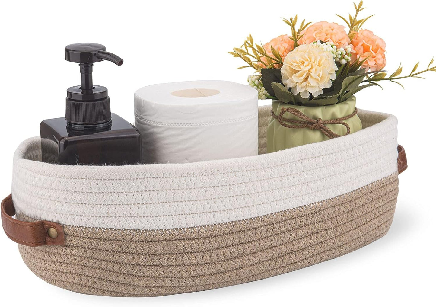 2 Pack Cotton Rope Bathroom Decor Basket,Toilet Paper Holder Basket,Farmhouse Home Decor Organizing Baskets 13"x5.9"x4" Brown Stitching White