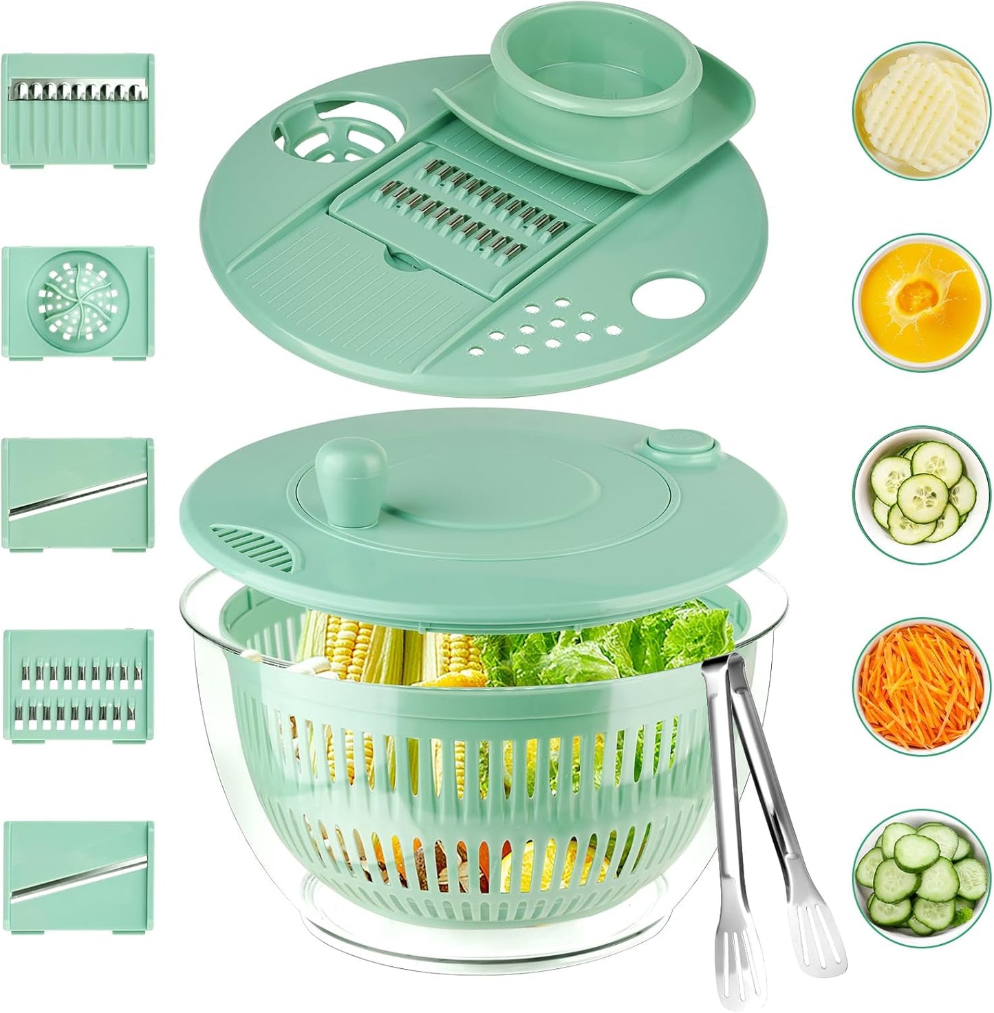 YUANYE Salad Spinner Large, 3 IN 1 Vegetable and Fruit Washing Bowl with Strainer, Lettuce Spinner with 5 Blades Slicer, Egg Yolk Strainer, Salad Bowl for Efficient Salad Preparation, 5.3 Qt