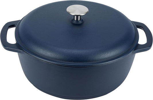 Amazon Basics Cast Iron Dutch Oven Pot with Lid, Enameled, Round, Dual Handles, Heavy-Duty, Medium, 6-Quart, Matte Navy