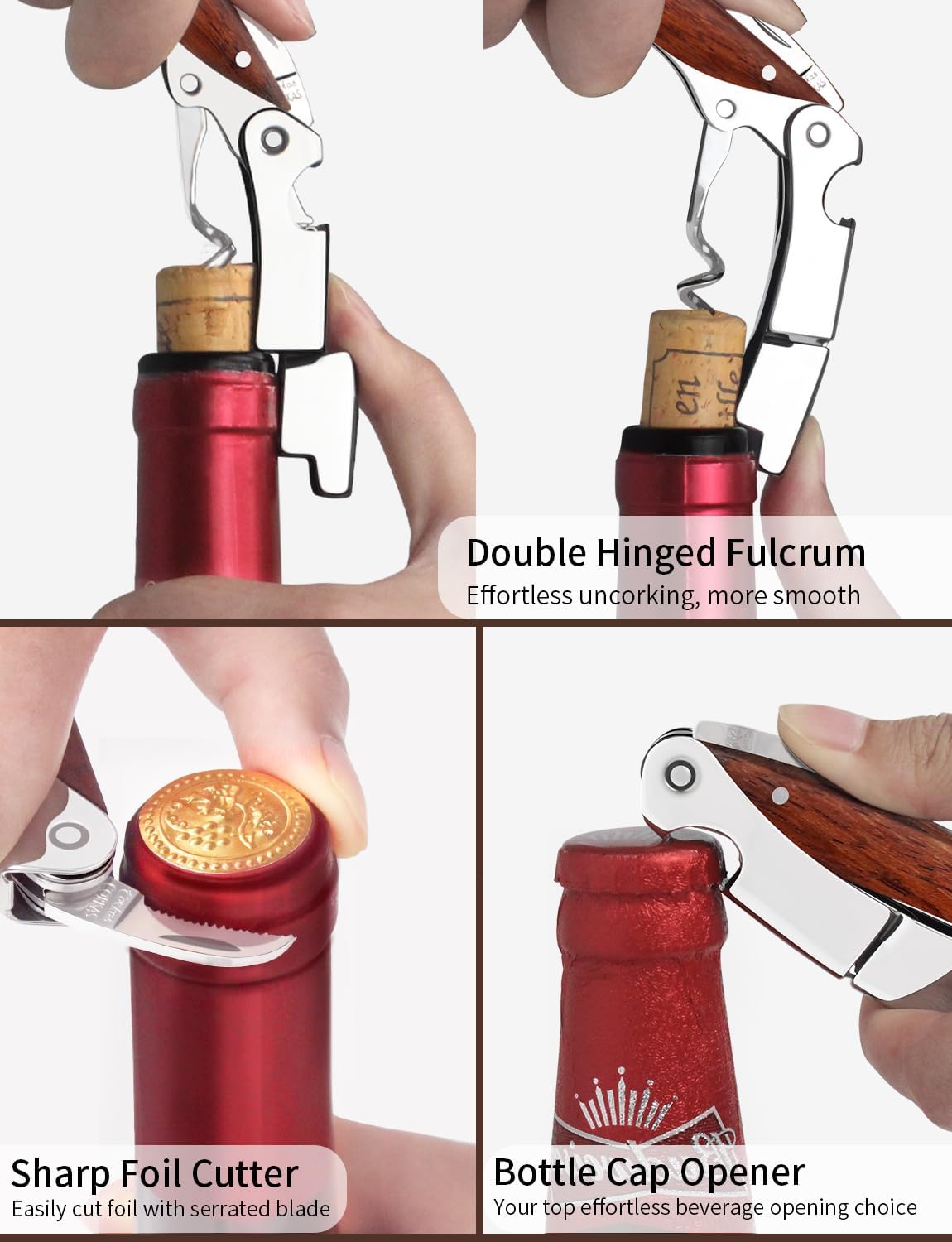 Wine Key - CORKAS Prestige Waiter Corkscrew with Rosewood Handle, Handcrafted Wine Opener Manual with Double Hinged, Foil Cutter and Bottle Opener, Ideal Gifts for Sommelier, Bartenders, Servers