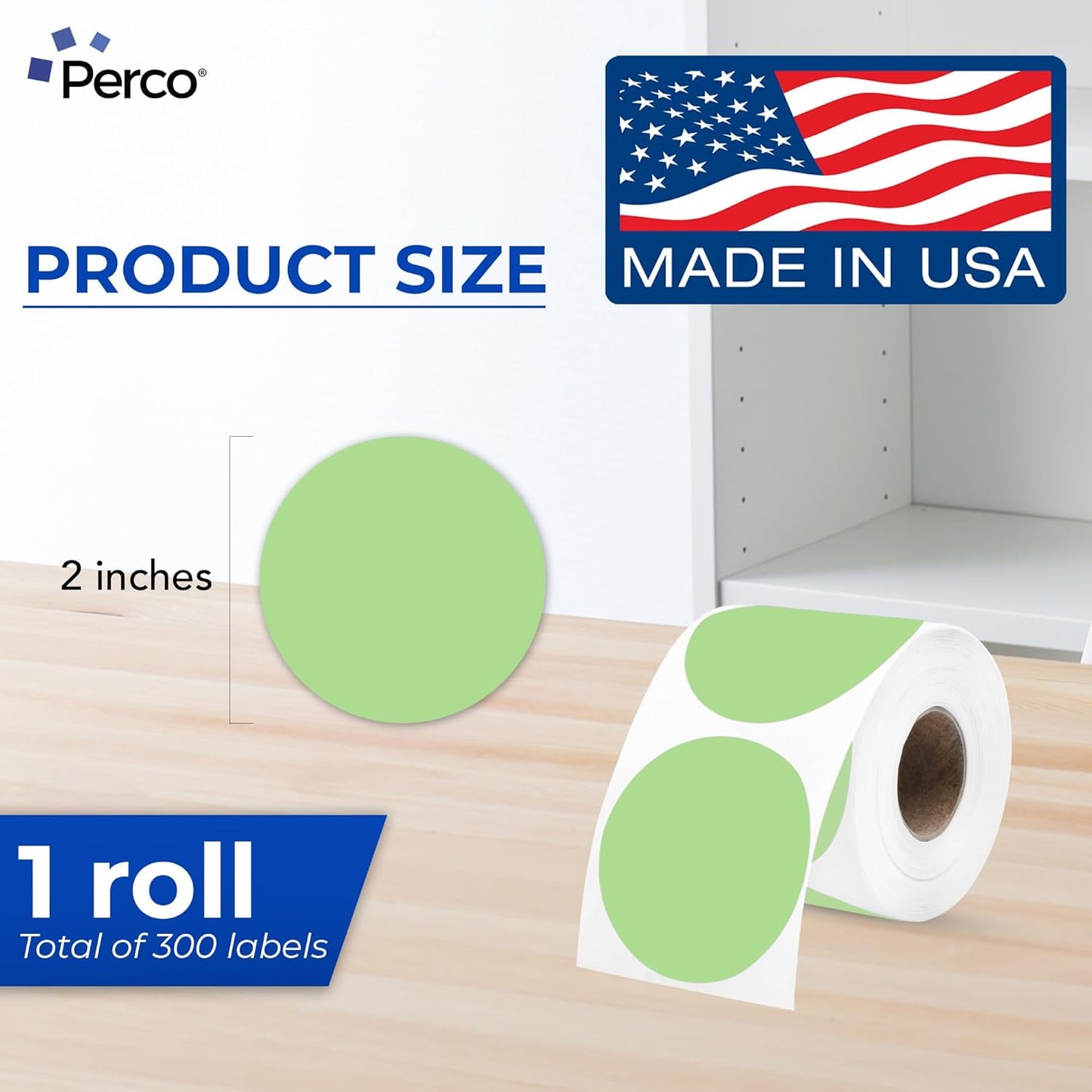 Perco Green 2-Inch Perforated Circle Dot Thermal Sticker Labels — 300 Stickers/Roll, Direct Thermal Printer Compatible—with Permanent Adhesive for Organizing, Color Coding, Bin Labeling—Made in USA