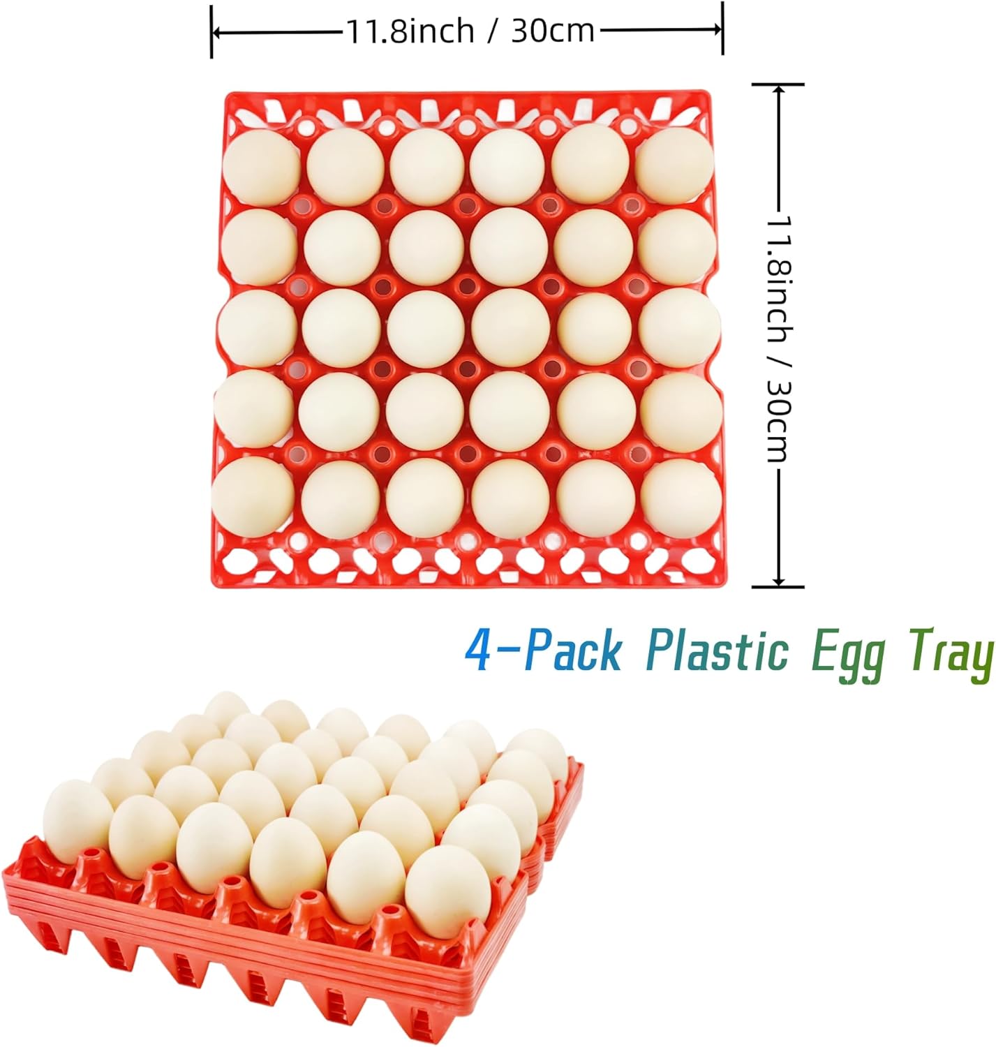 4-Pack Plastic Egg Tray Egg Crates 30-Egg Flats for Home Chicken Farmers, Stackable Egg Cartons Hold Multiple Eggs, Great for Storing, Sorting, and Shipping Eggs, Durable and Reusable (Red)