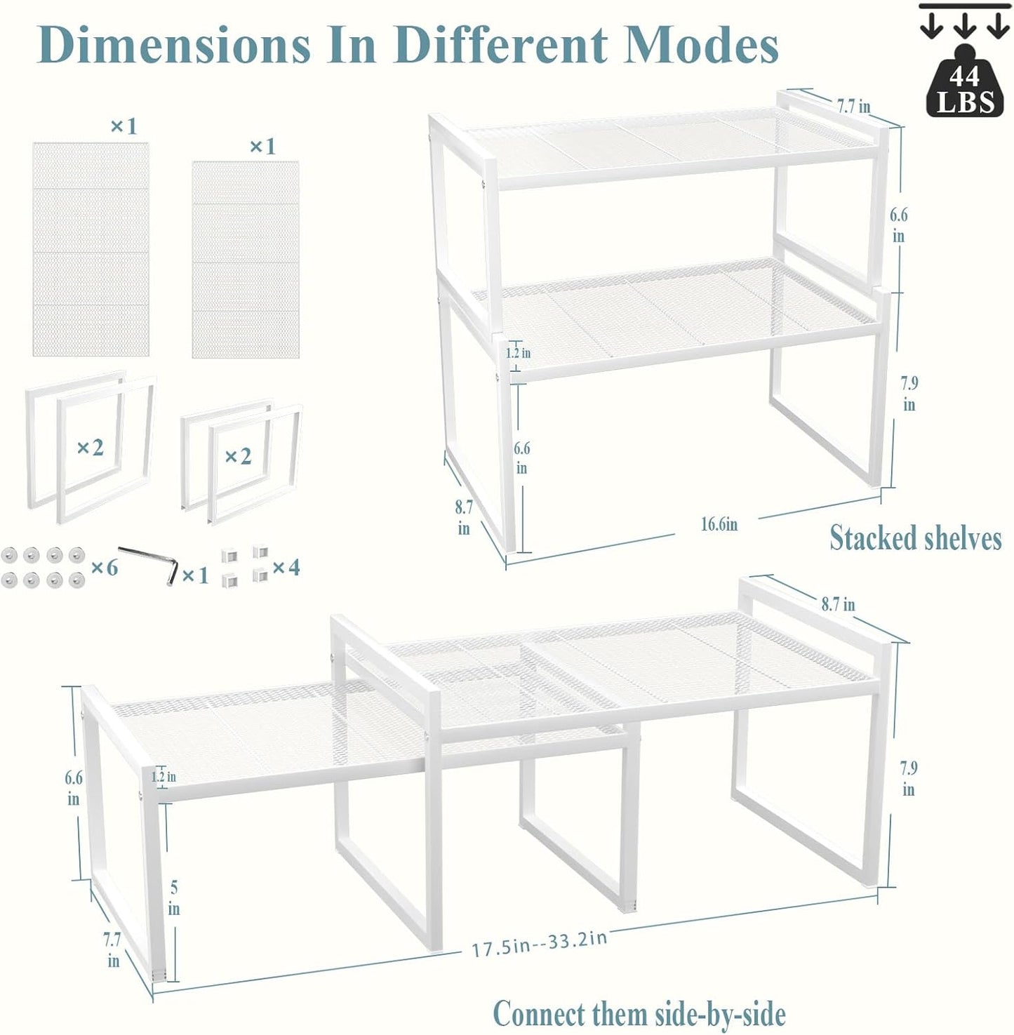 Set of 2 Kitchen Cabinet Organizer Shelf Stackable Sturdy Metal Counter Countertop Pantry Storage Rack