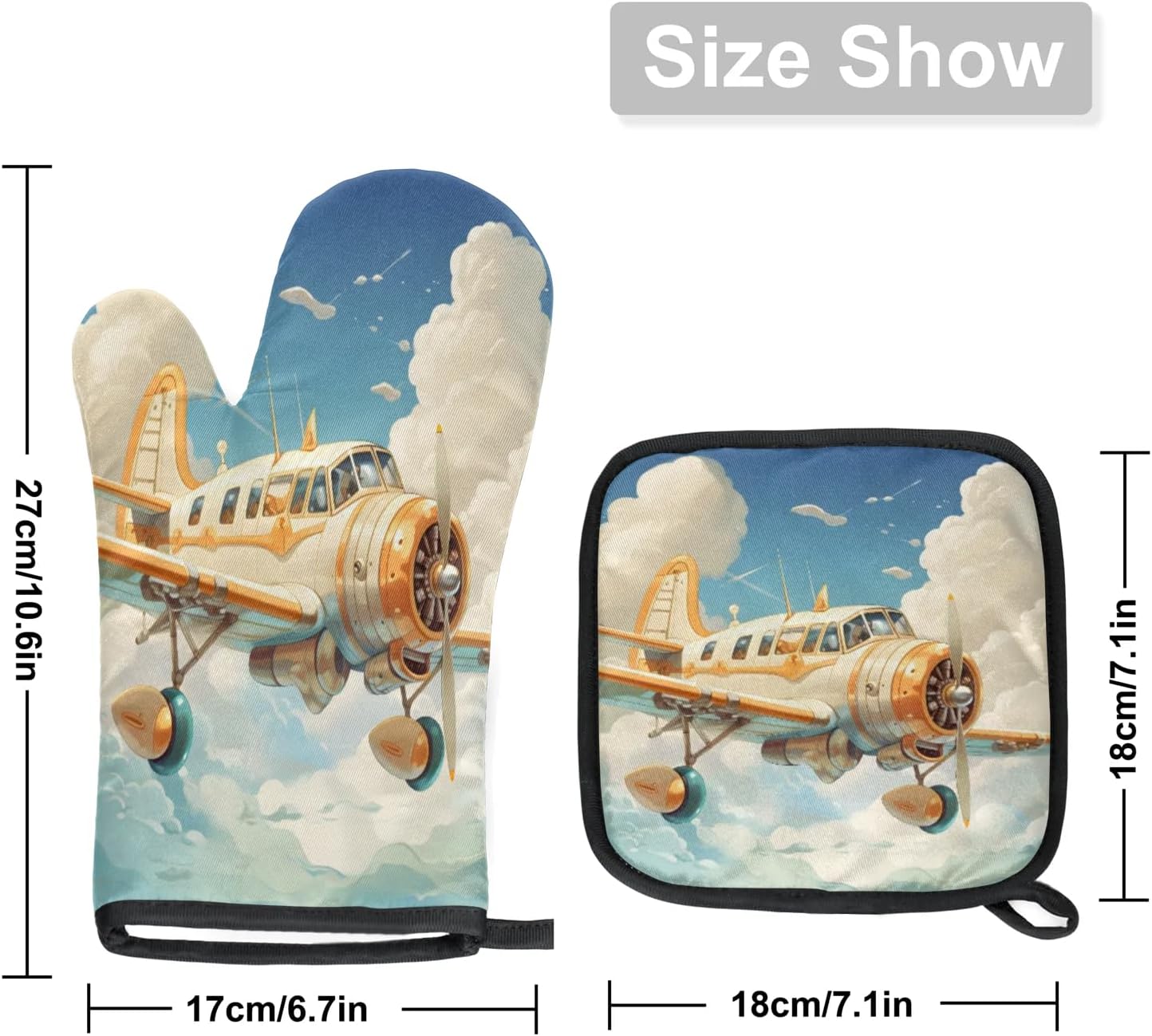 Airplanes Oven Mitts and Pot Holders Sets, 2 Pcs Decorative Kitchen Oven Glove for Cooking