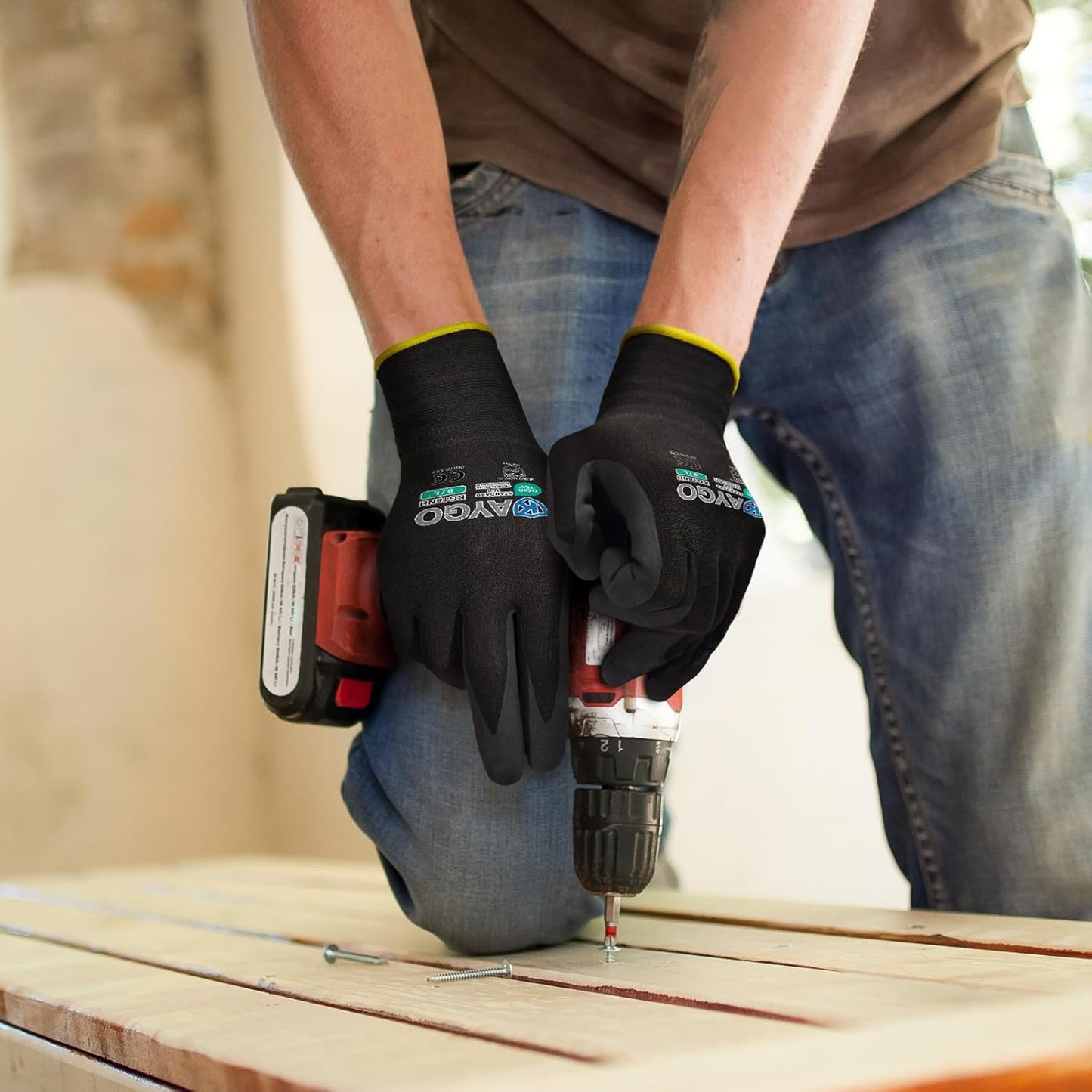 KAYGO Safety Work Gloves MicroFoam Nitrile Coated, 12 Pairs KG18NB,Seamless Knit Nylon Glove with full fingers Touchscreen, Ideal for Automotive,Warehouse,Construction (XL, Black)