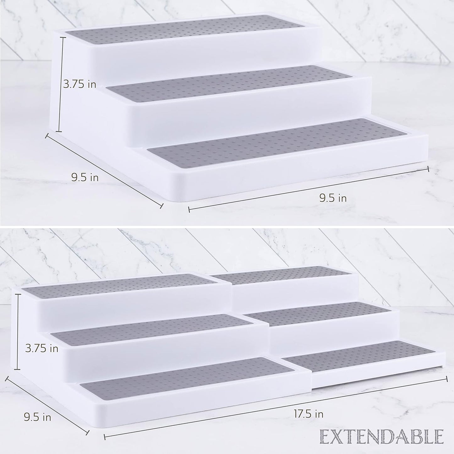 Oizeir 3–Tier Expandable Plastic Spice Rack - Adjustable Length, Stability with Non-Skid Shelf, Three Tiers for Easy Visibility, Organizer for Kitchen Cabinet, Pantry or Countertop, White/Grey